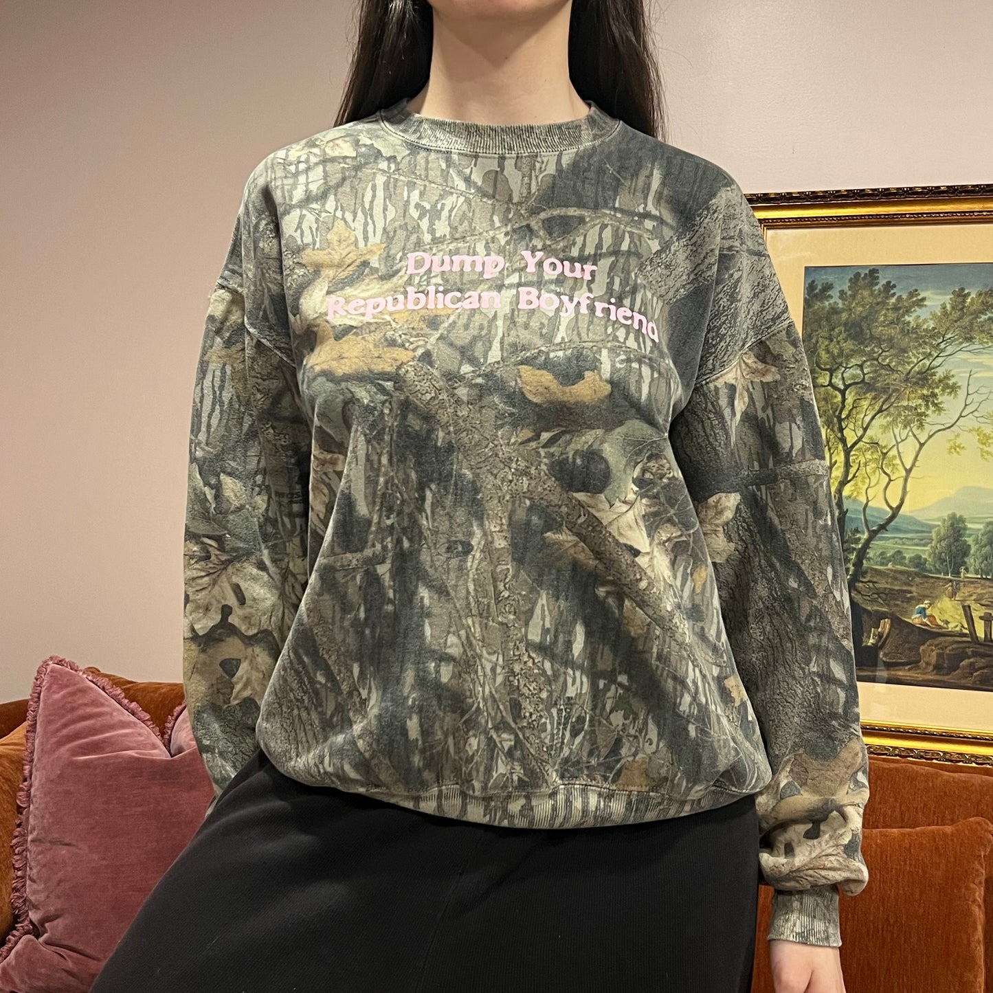 DUMP YOUR REPUBLICAN BOYFRIEND camo crewneck with pink text (XL)