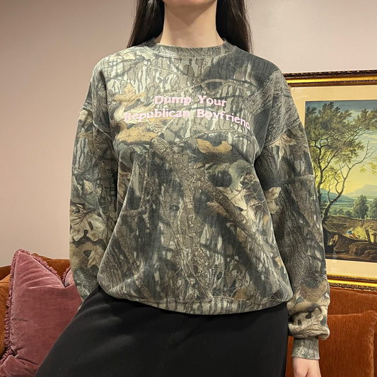 DUMP YOUR REPUBLICAN BOYFRIEND camo crewneck with pink text (XL)