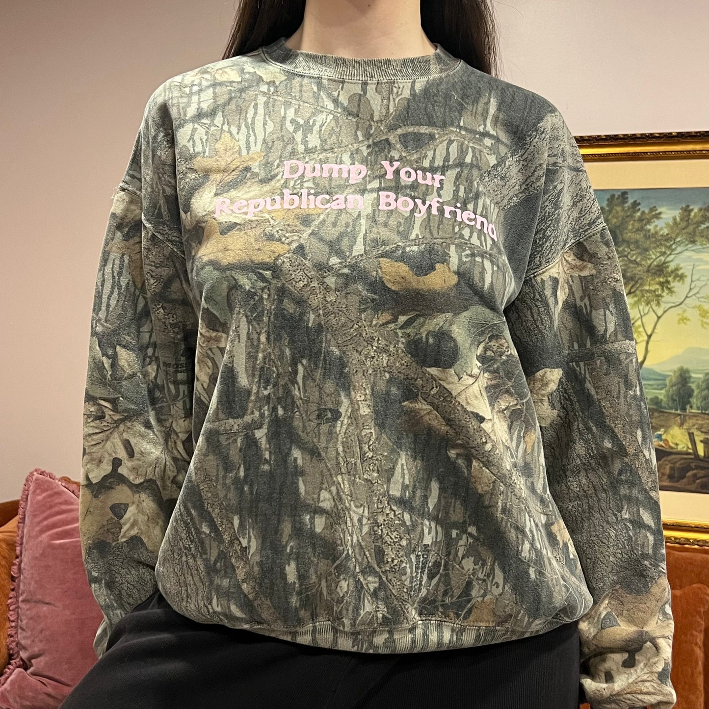DUMP YOUR REPUBLICAN BOYFRIEND camo crewneck with pink text (XL)