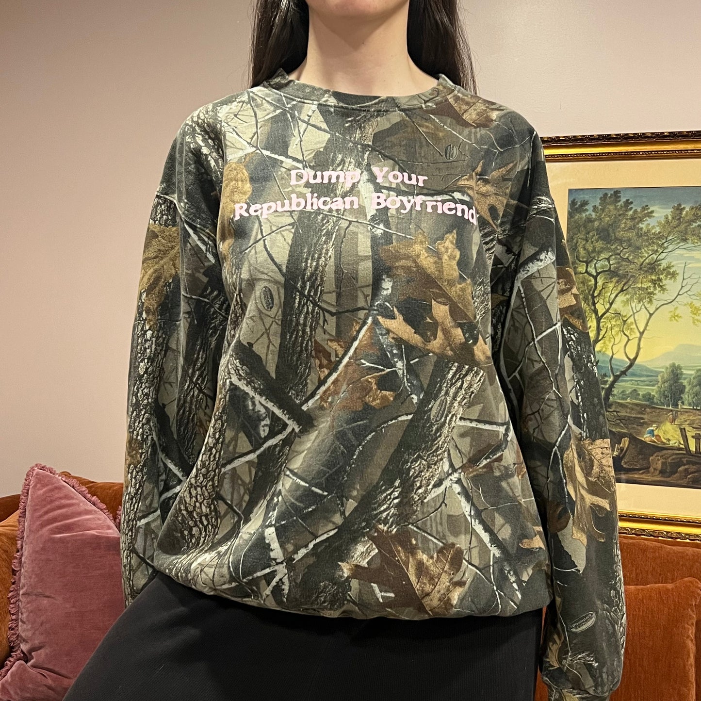 DUMP YOUR REPUBLICAN BOYFRIEND camo crewneck with pink text (XL)