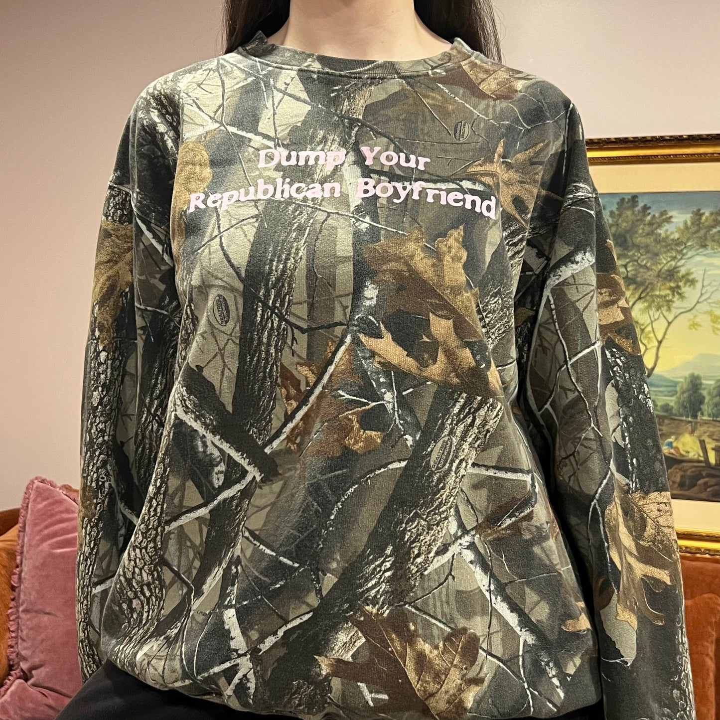 DUMP YOUR REPUBLICAN BOYFRIEND camo crewneck with pink text (XL)