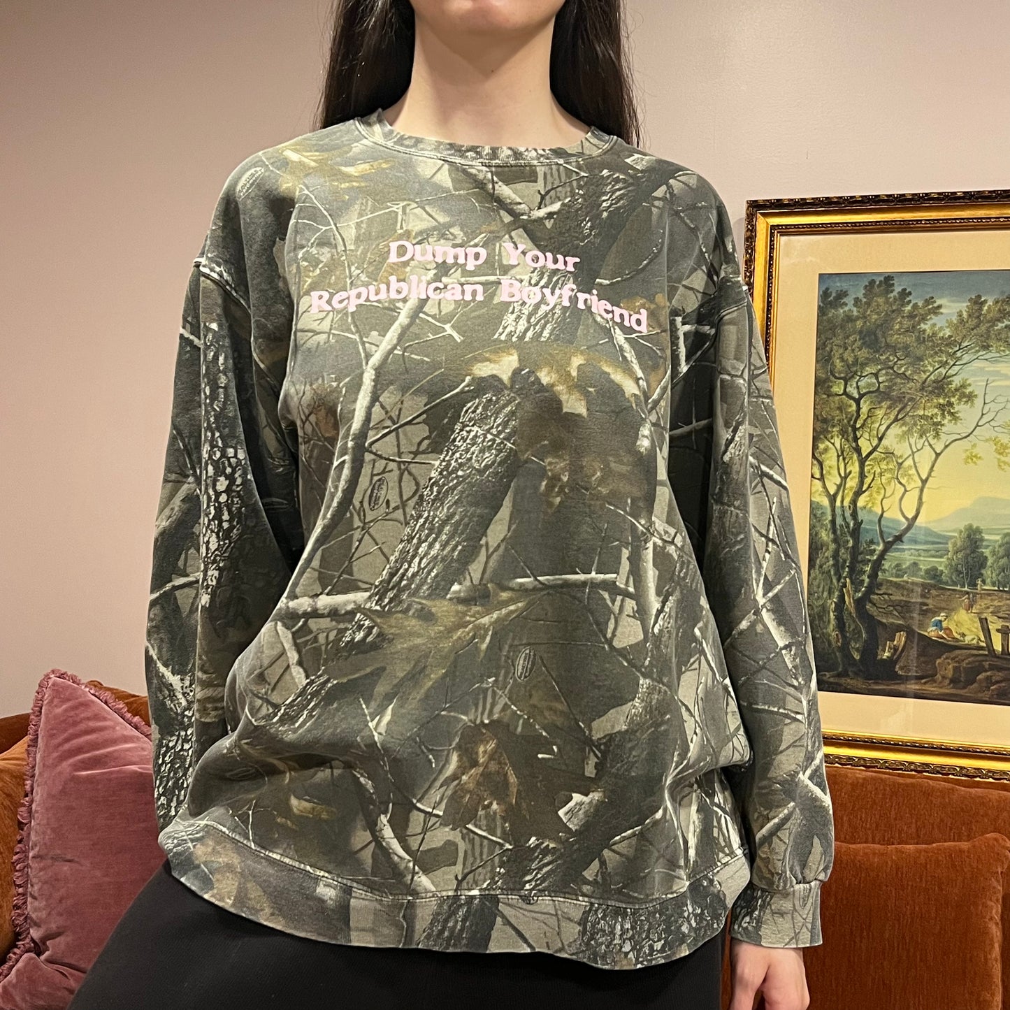 DUMP YOUR REPUBLICAN BOYFRIEND camo crewneck with pink text (XL)