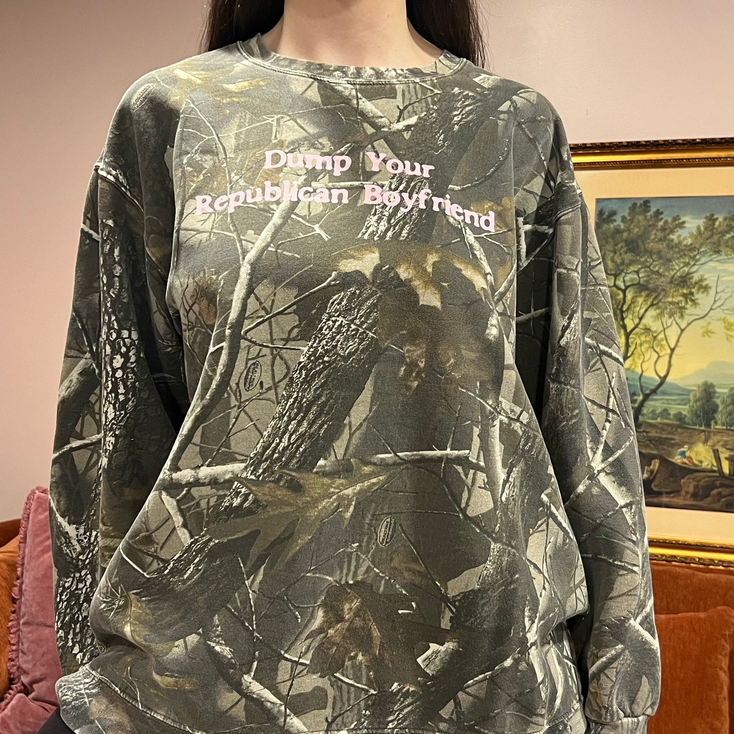 DUMP YOUR REPUBLICAN BOYFRIEND camo crewneck with pink text (XL)