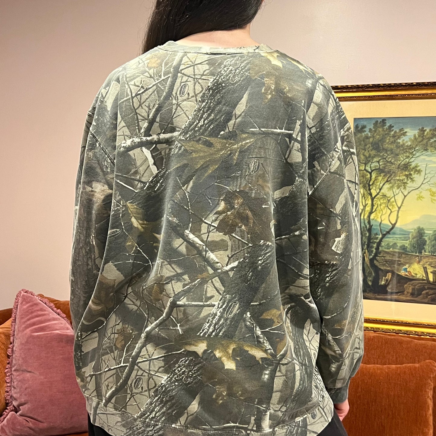 DUMP YOUR REPUBLICAN BOYFRIEND camo crewneck with pink text (XL)