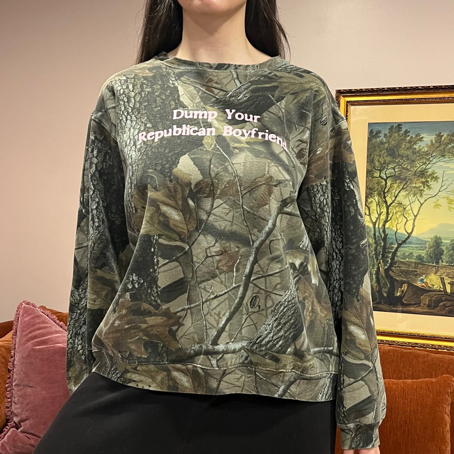 DUMP YOUR REPUBLICAN BOYFRIEND camo crewneck with pink text (XL)