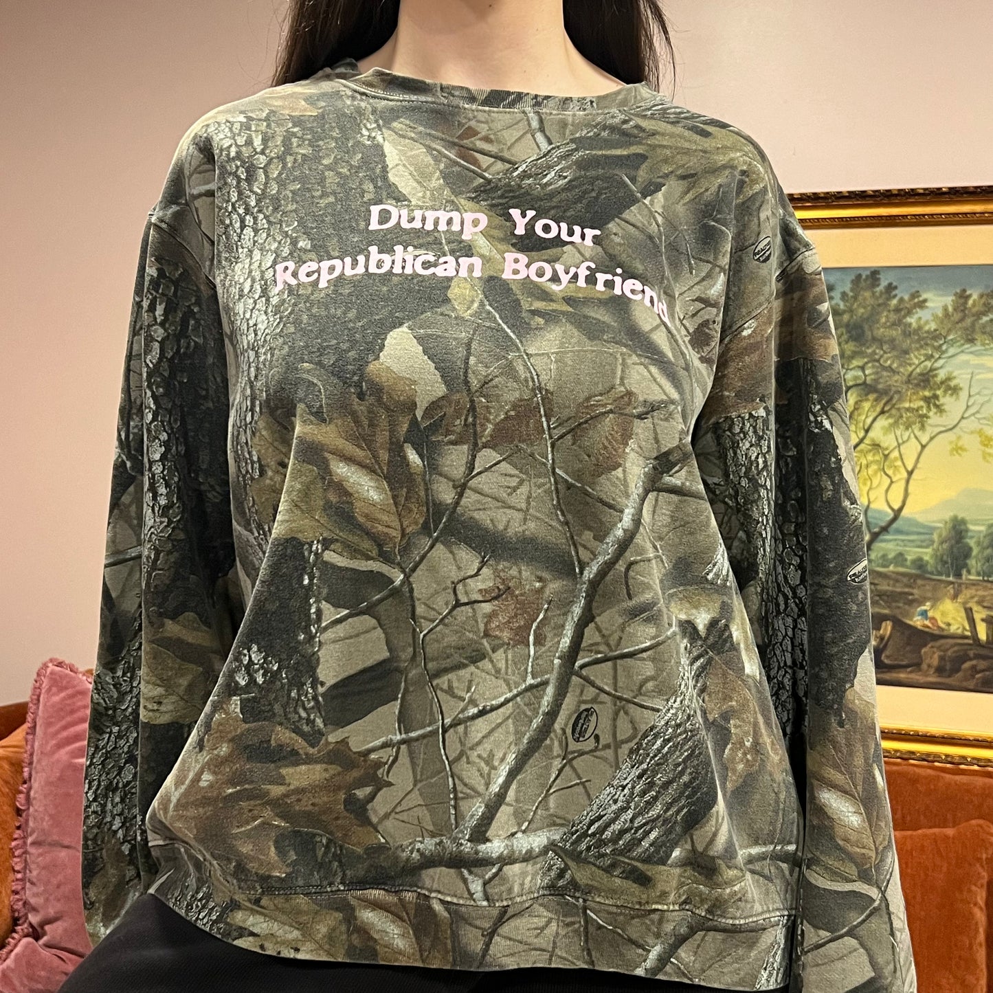 DUMP YOUR REPUBLICAN BOYFRIEND camo crewneck with pink text (XL)