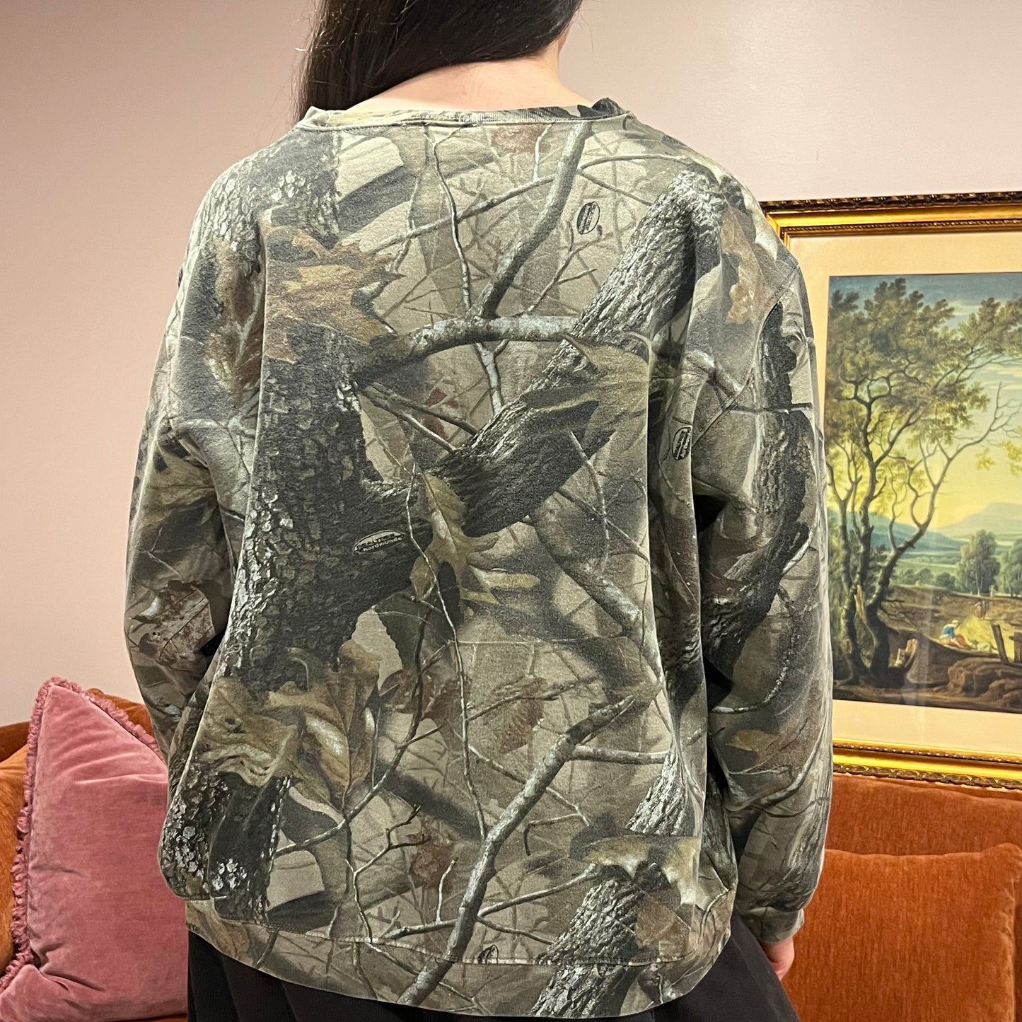 DUMP YOUR REPUBLICAN BOYFRIEND camo crewneck with pink text (XL)