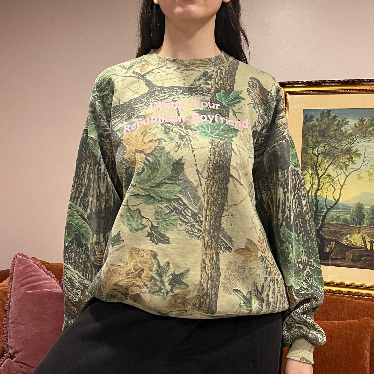 DUMP YOUR REPUBLICAN BOYFRIEND camo crewneck with pink text (XL)