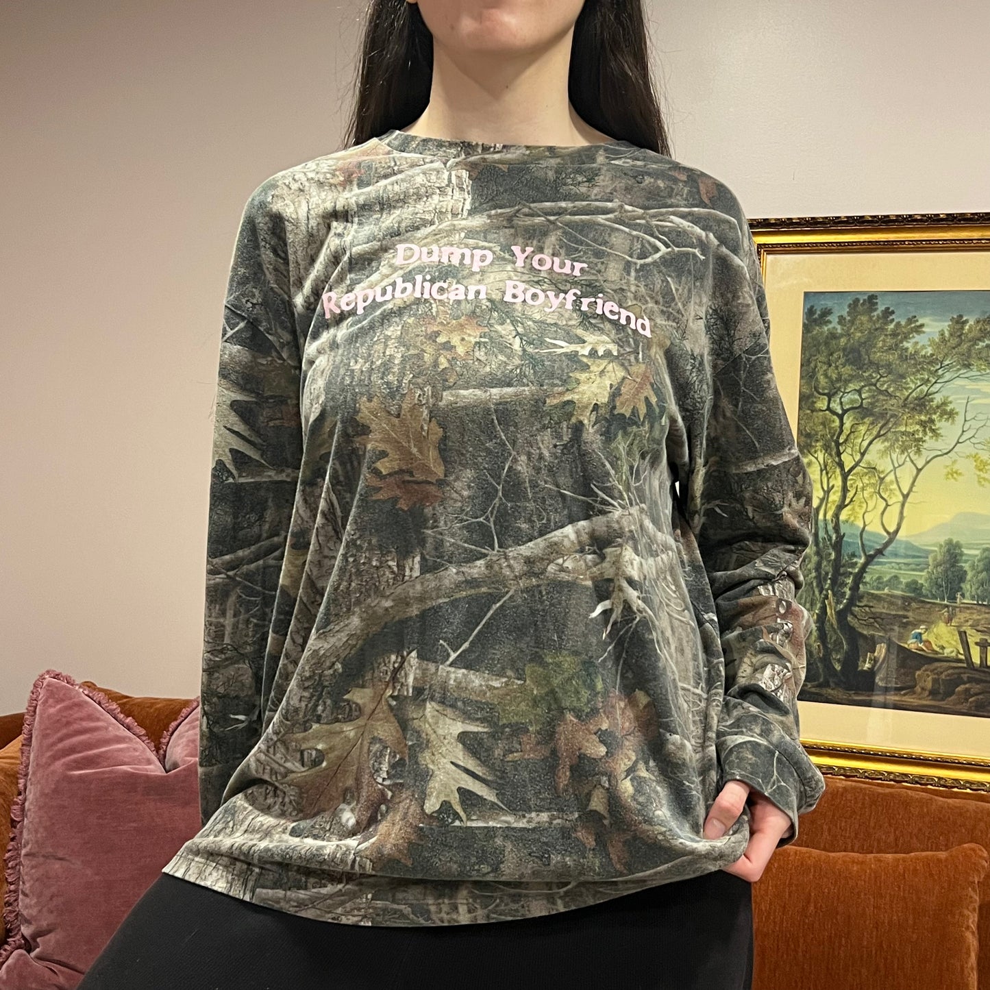 DUMP YOUR REPUBLICAN BOYFRIEND camo long sleeve t-shirt with pink text (2XL)