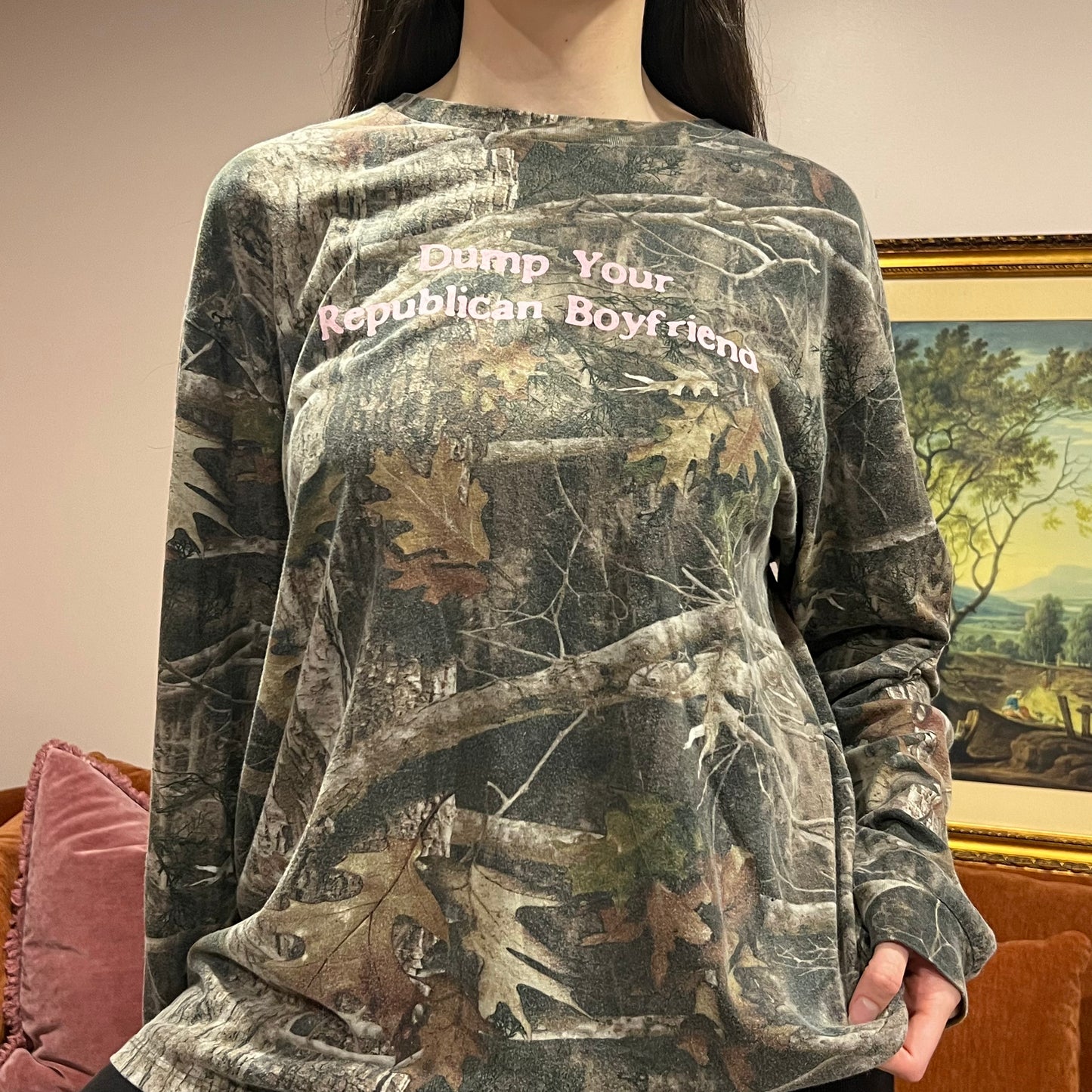 DUMP YOUR REPUBLICAN BOYFRIEND camo long sleeve t-shirt with pink text (2XL)