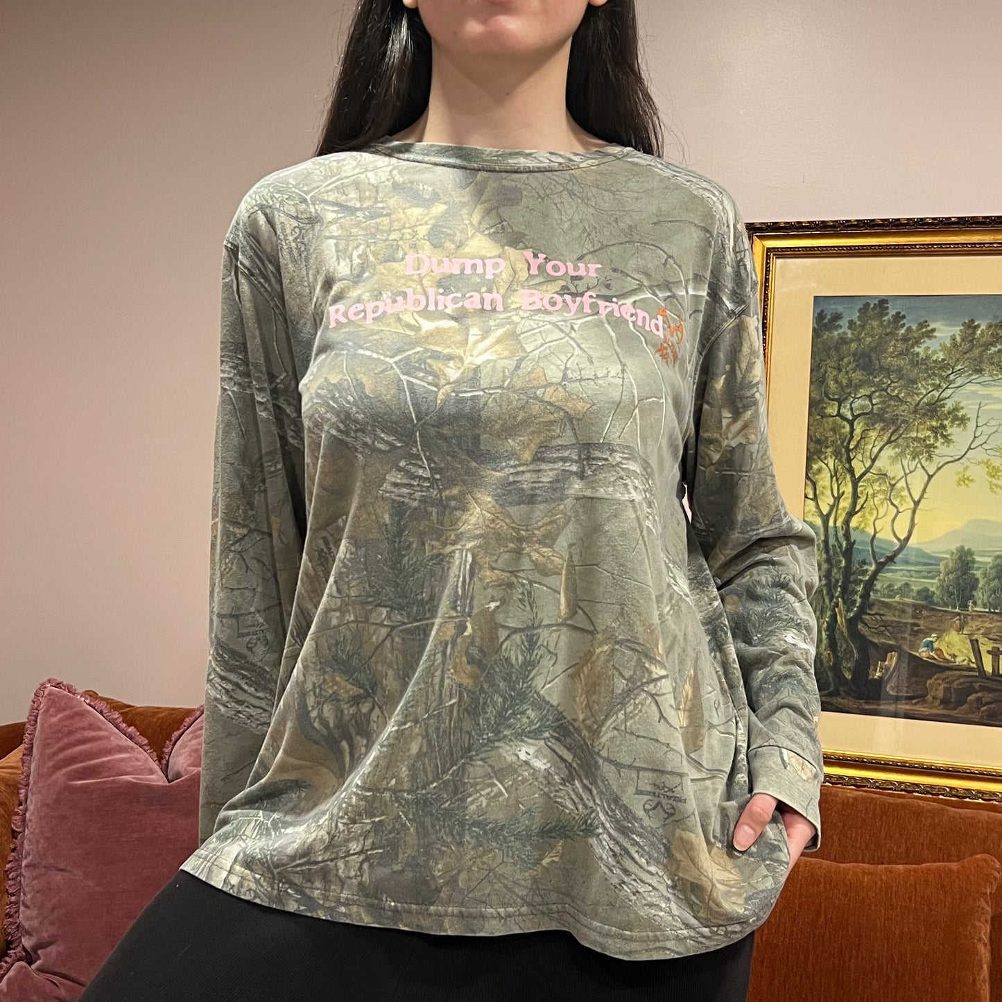 DUMP YOUR REPUBLICAN BOYFRIEND camo long sleeve t-shirt with pink text (2XL)