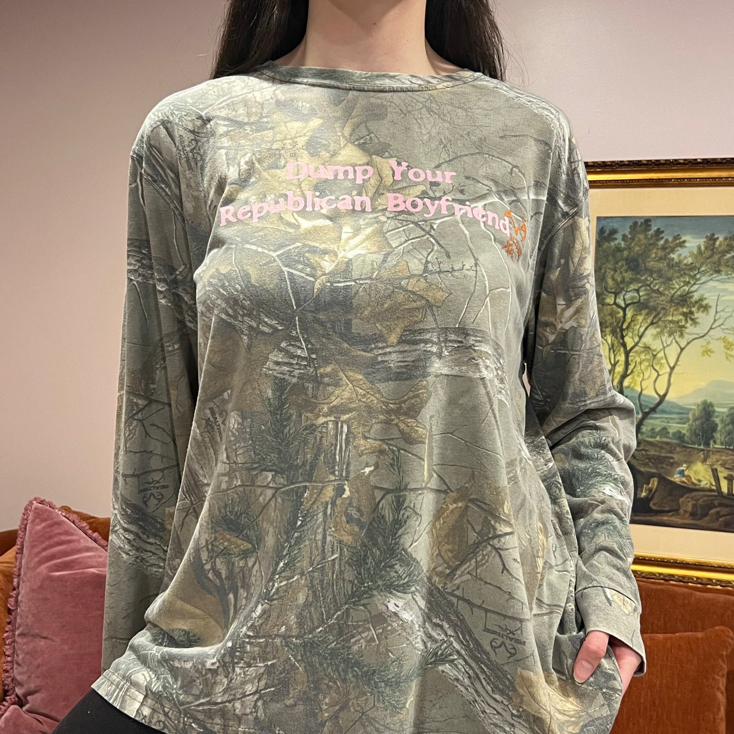 DUMP YOUR REPUBLICAN BOYFRIEND camo long sleeve t-shirt with pink text (2XL)