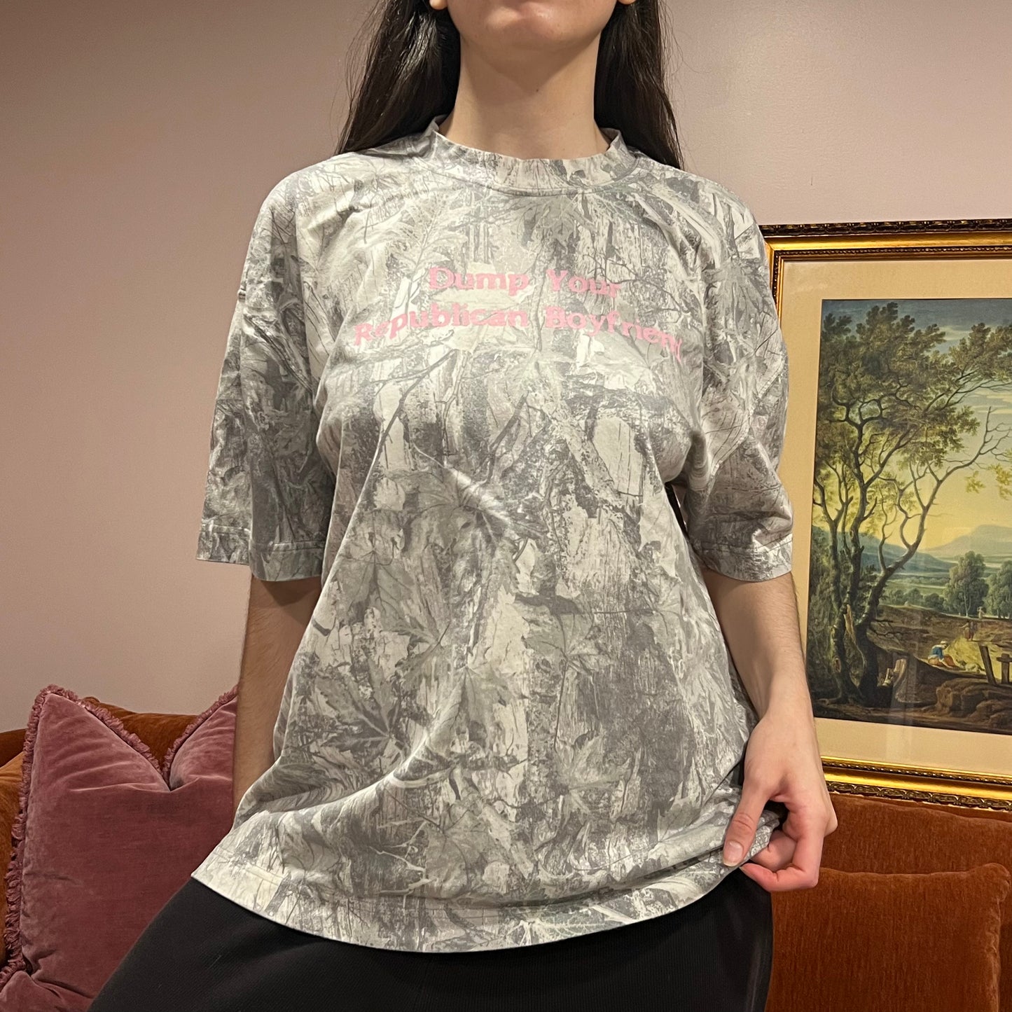DUMP YOUR REPUBLICAN BOYFRIEND white camo t-shirt with pink text (XL)