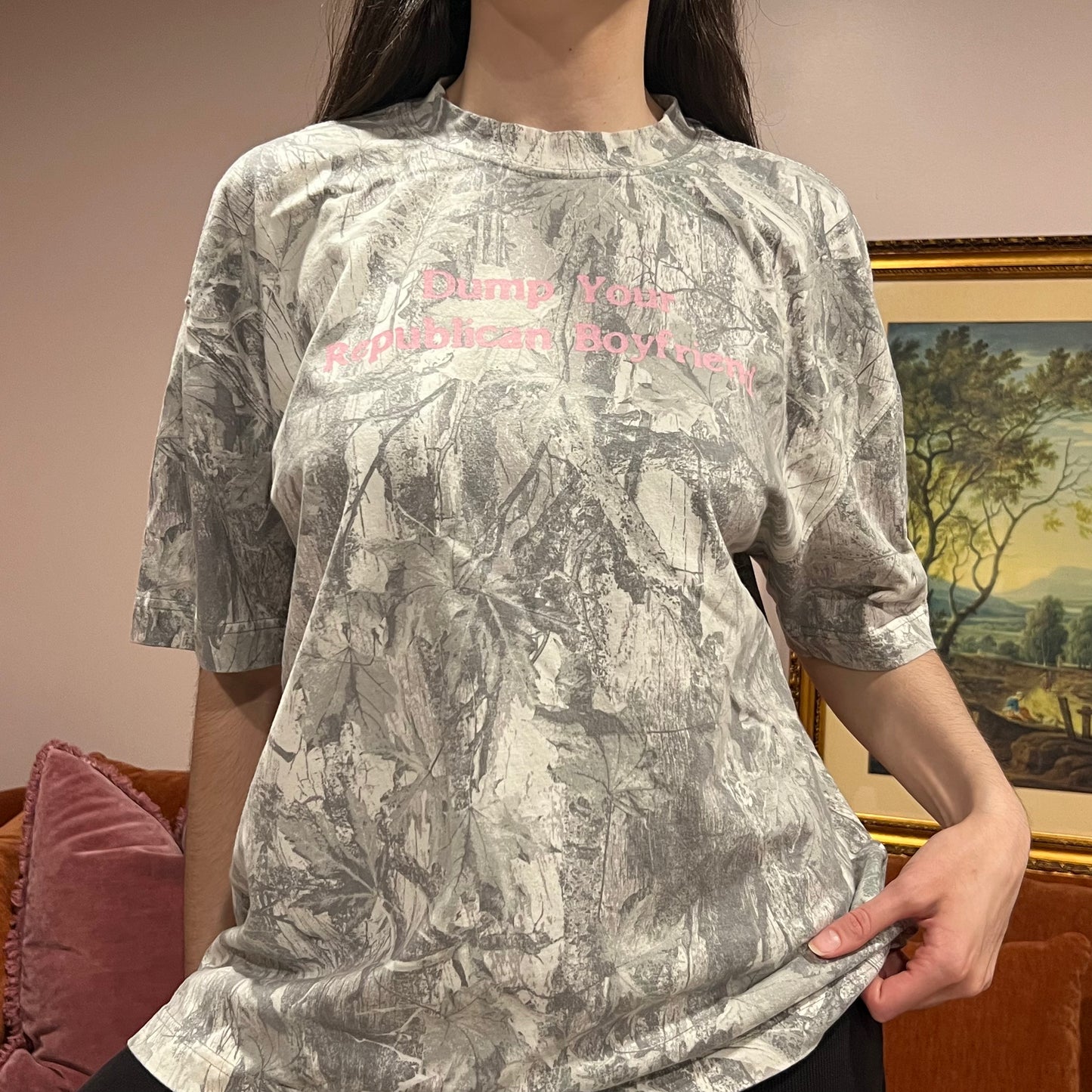 DUMP YOUR REPUBLICAN BOYFRIEND white camo t-shirt with pink text (XL)