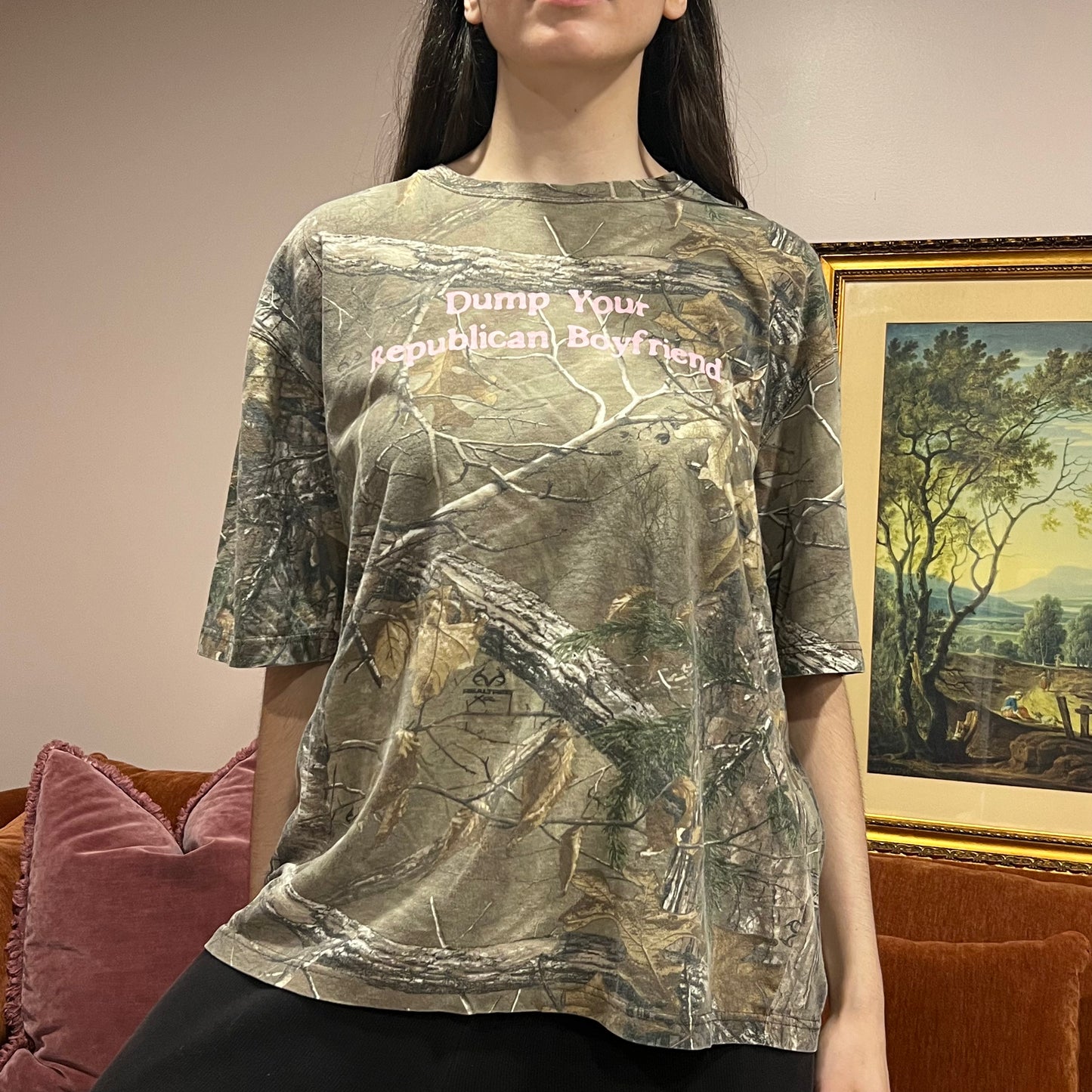DUMP YOUR REPUBLICAN BOYFRIEND camo t-shirt with pink text (XL)
