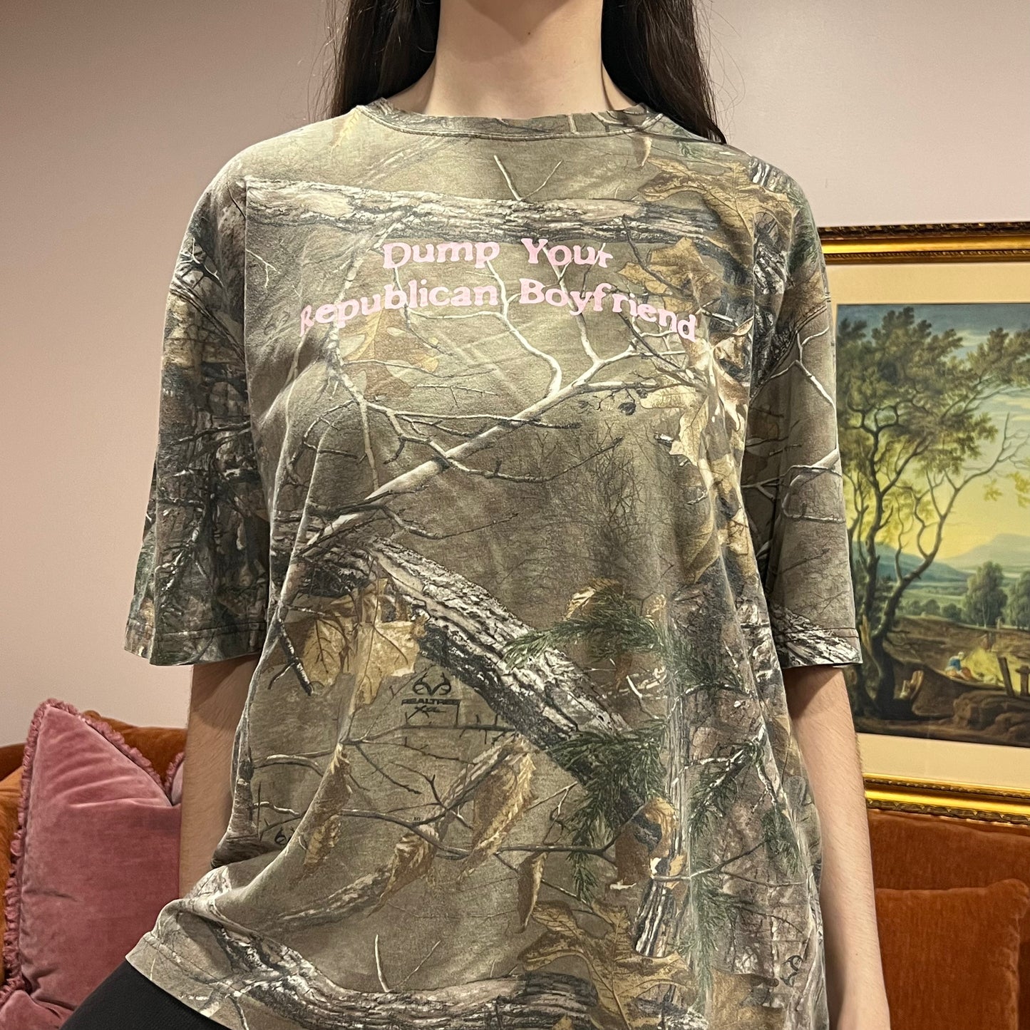 DUMP YOUR REPUBLICAN BOYFRIEND camo t-shirt with pink text (XL)