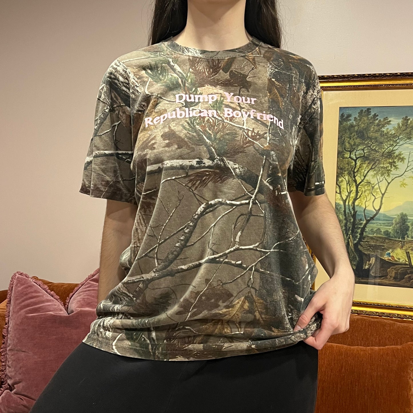 DUMP YOUR REPUBLICAN BOYFRIEND camo t-shirt with pink text (XL)