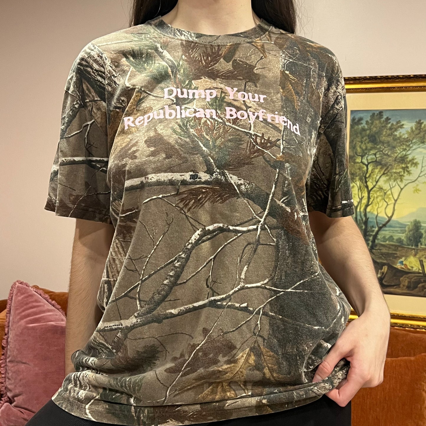DUMP YOUR REPUBLICAN BOYFRIEND camo t-shirt with pink text (XL)