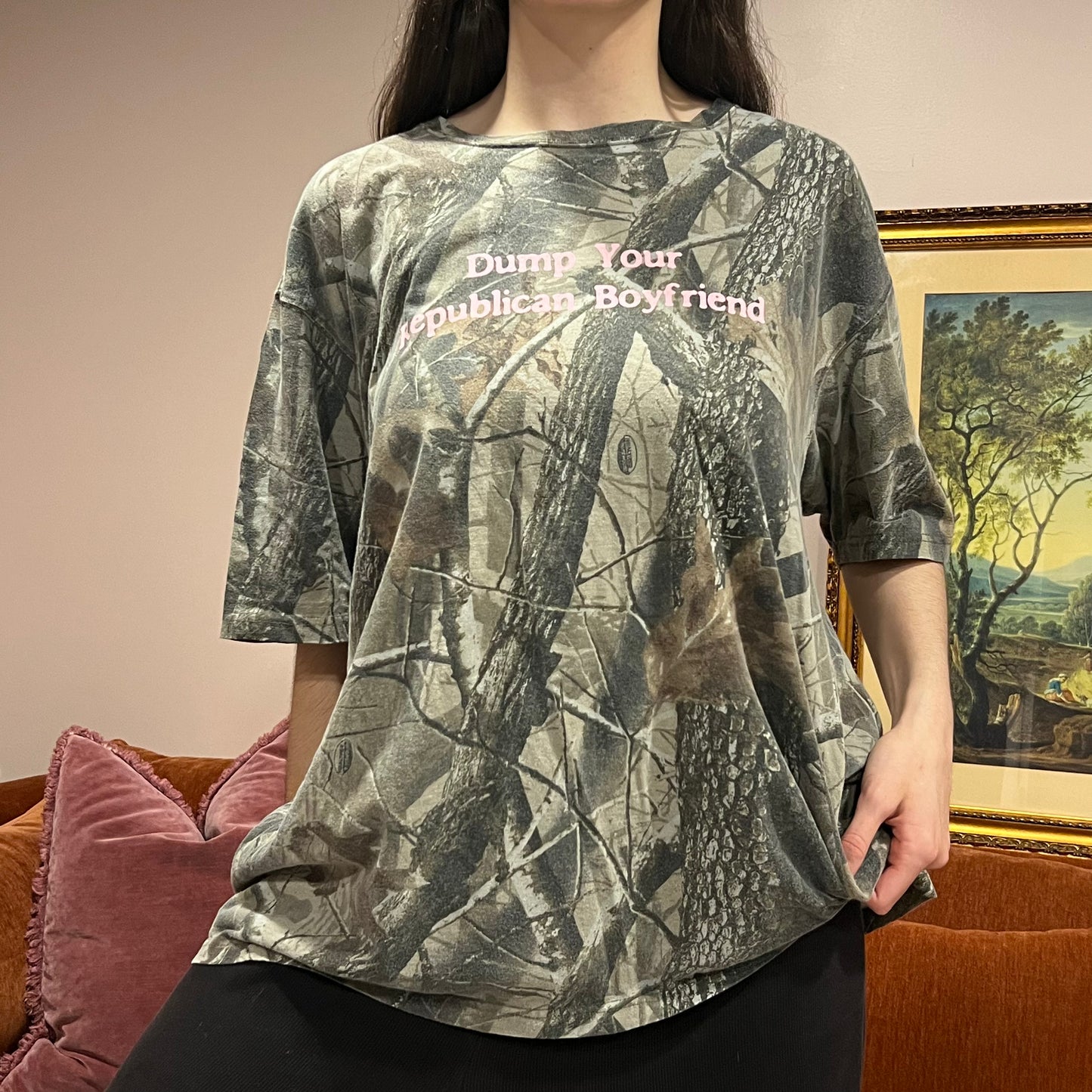 DUMP YOUR REPUBLICAN BOYFRIEND camo t-shirt with pink text (2XL)