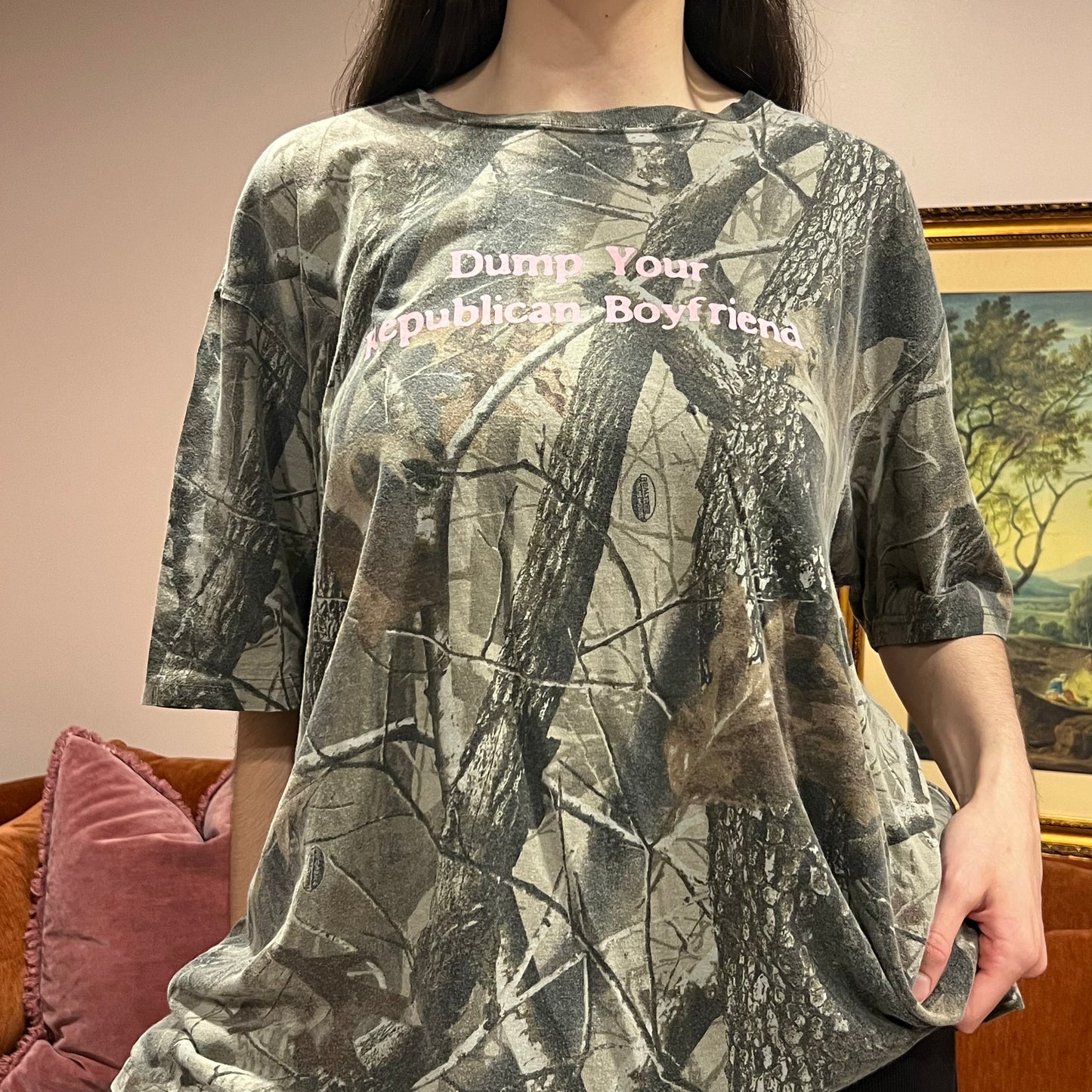 DUMP YOUR REPUBLICAN BOYFRIEND camo t-shirt with pink text (2XL)