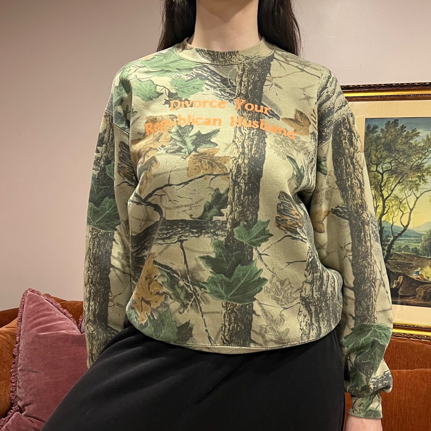 DIVORCE YOUR REPUBLICAN HUSBAND camo crewneck with orange text (M)