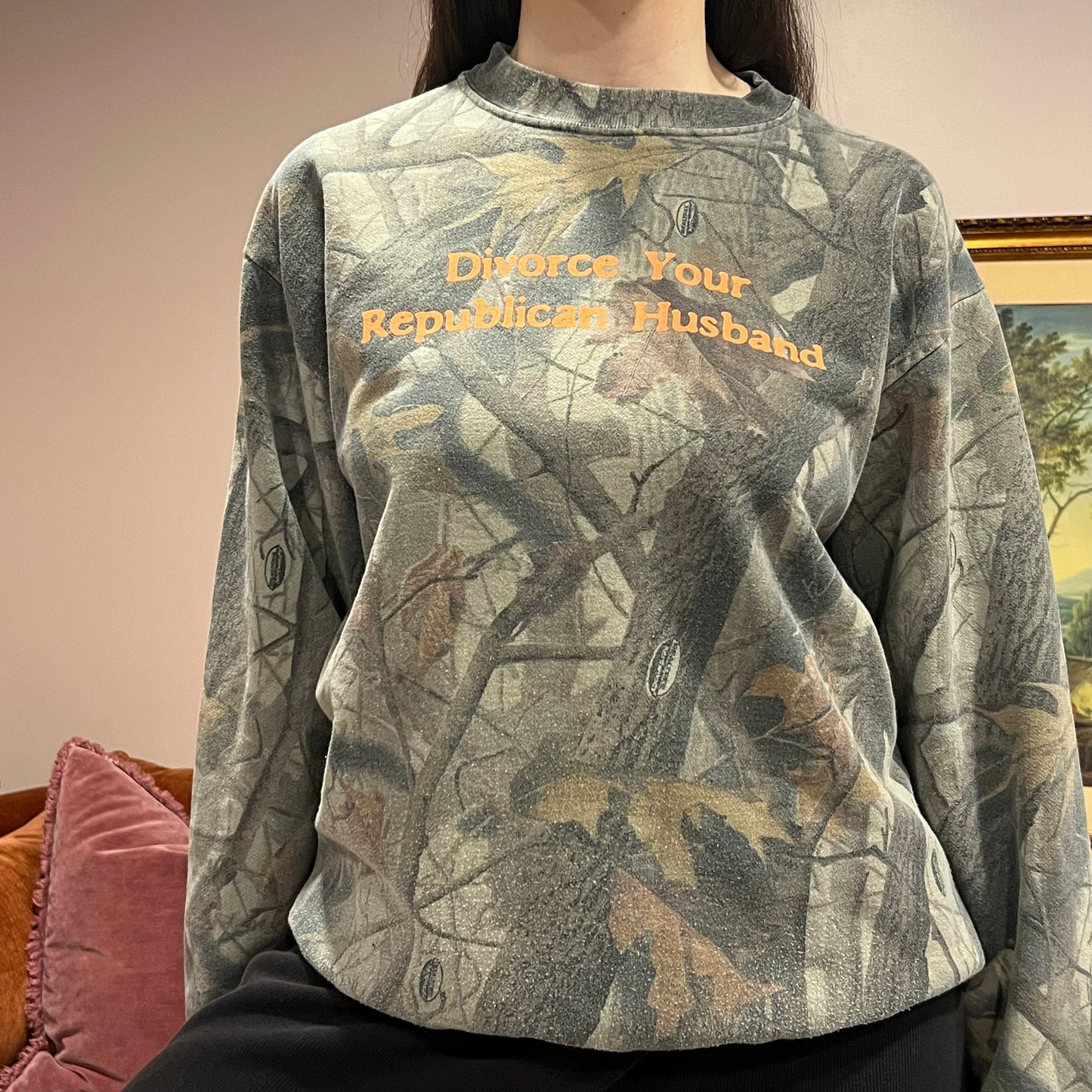 DIVORCE YOUR REPUBLICAN HUSBAND camo crewneck with orange text (M)