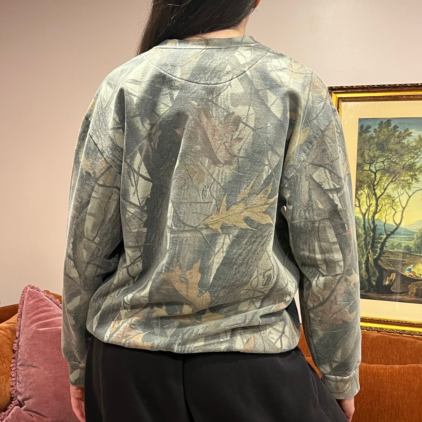 DIVORCE YOUR REPUBLICAN HUSBAND camo crewneck with orange text (M)
