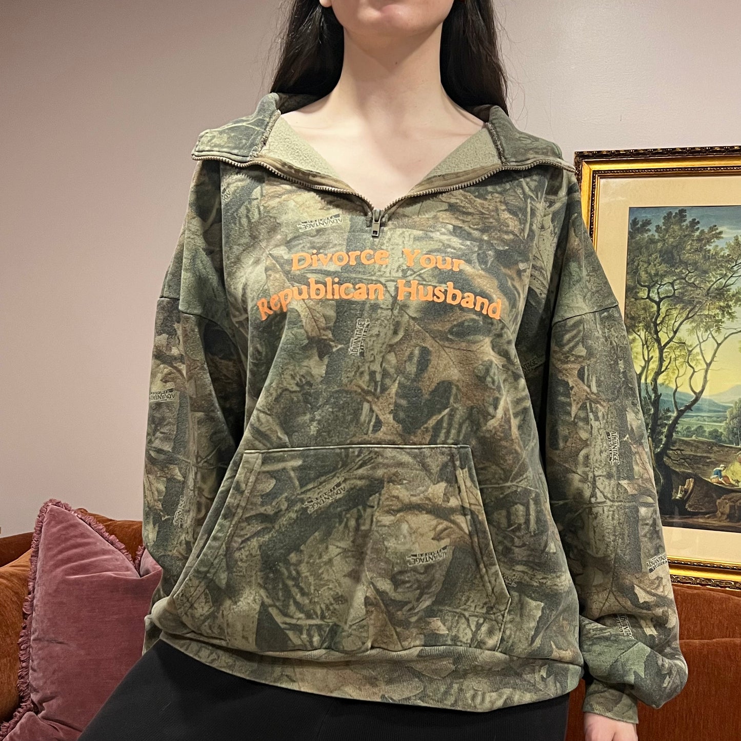 DIVORCE YOUR REPUBLICAN HUSBAND camo zip-up with orange text (3XL)