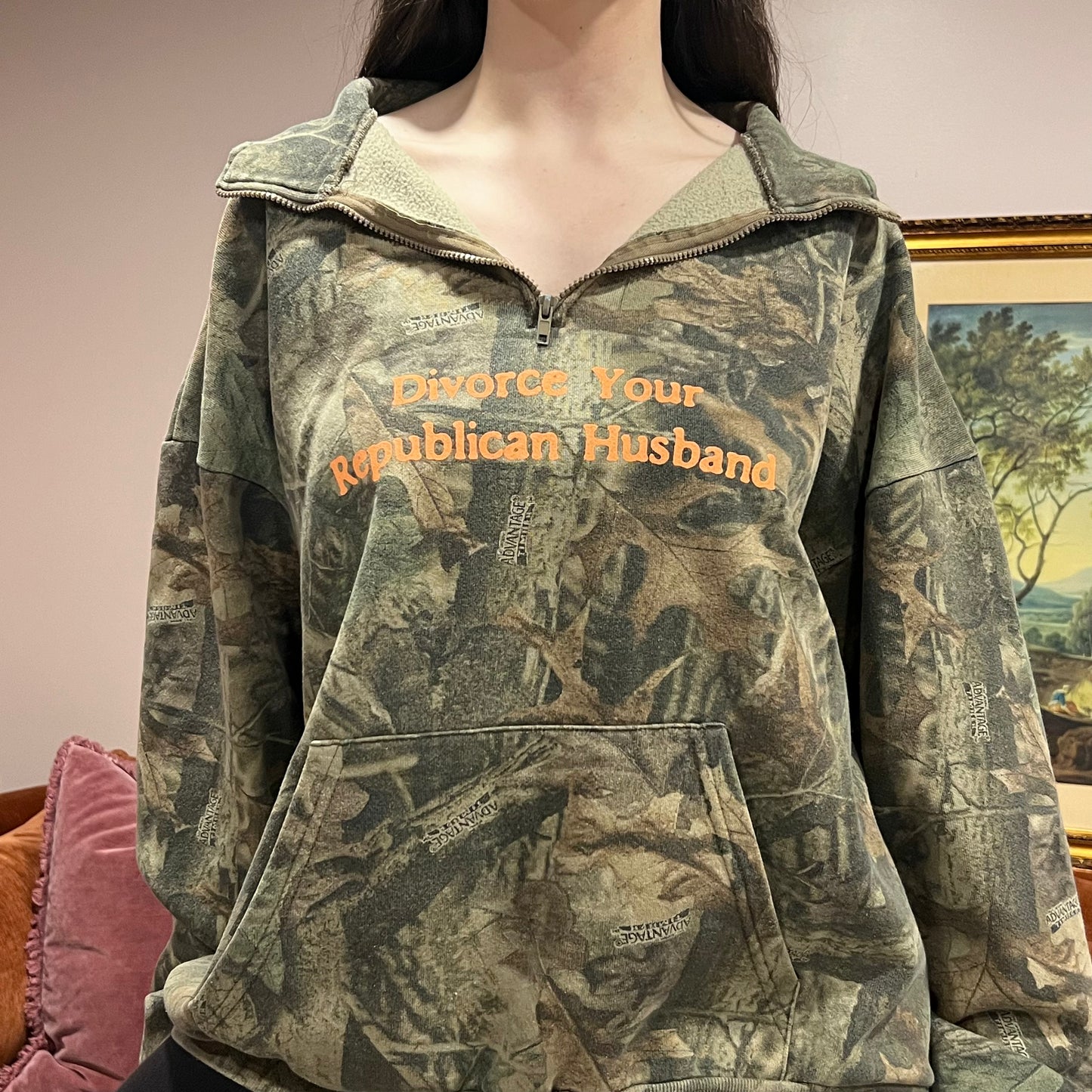 DIVORCE YOUR REPUBLICAN HUSBAND camo zip-up with orange text (3XL)