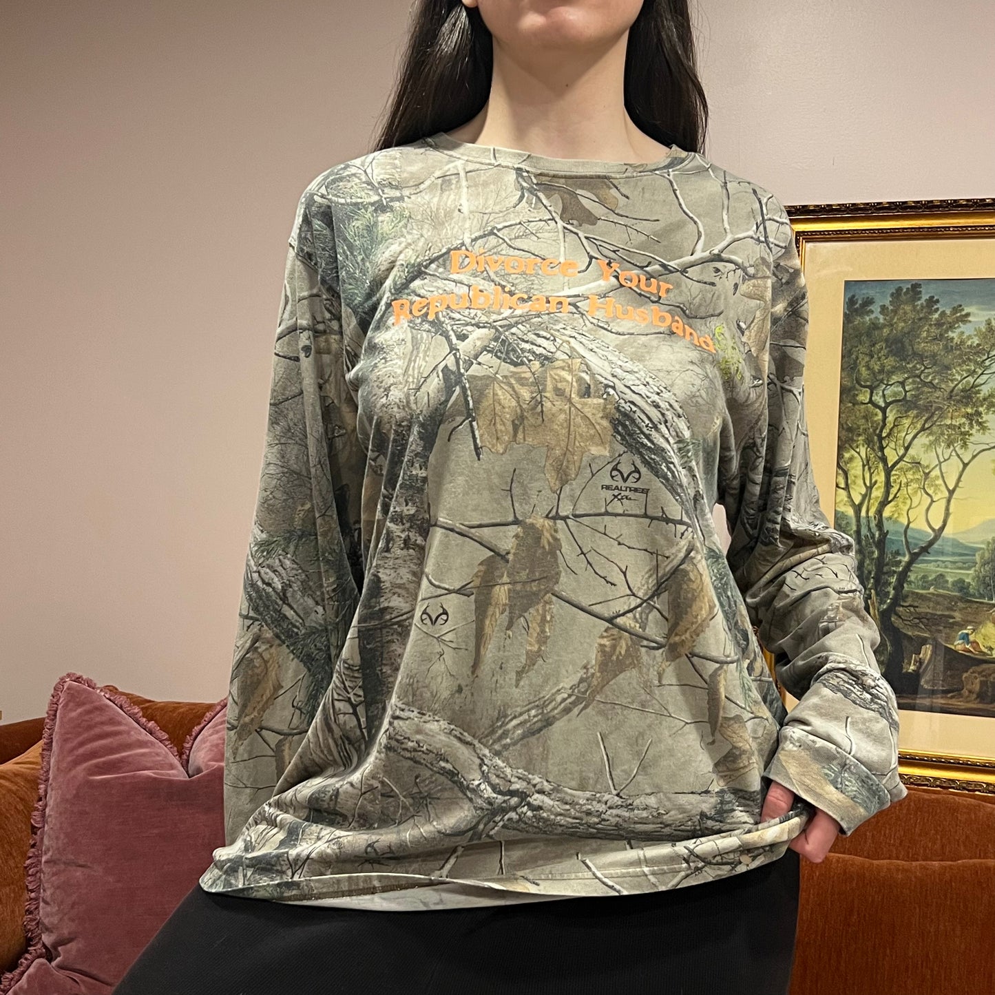 DIVORCE YOUR REPUBLICAN HUSBAND camo long sleeve t-shirt with orange text (2XL)