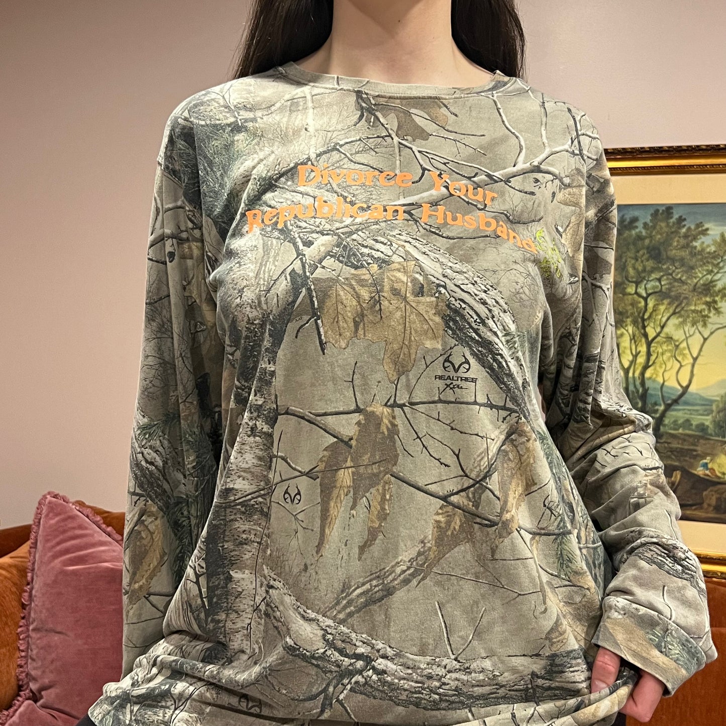 DIVORCE YOUR REPUBLICAN HUSBAND camo long sleeve t-shirt with orange text (2XL)