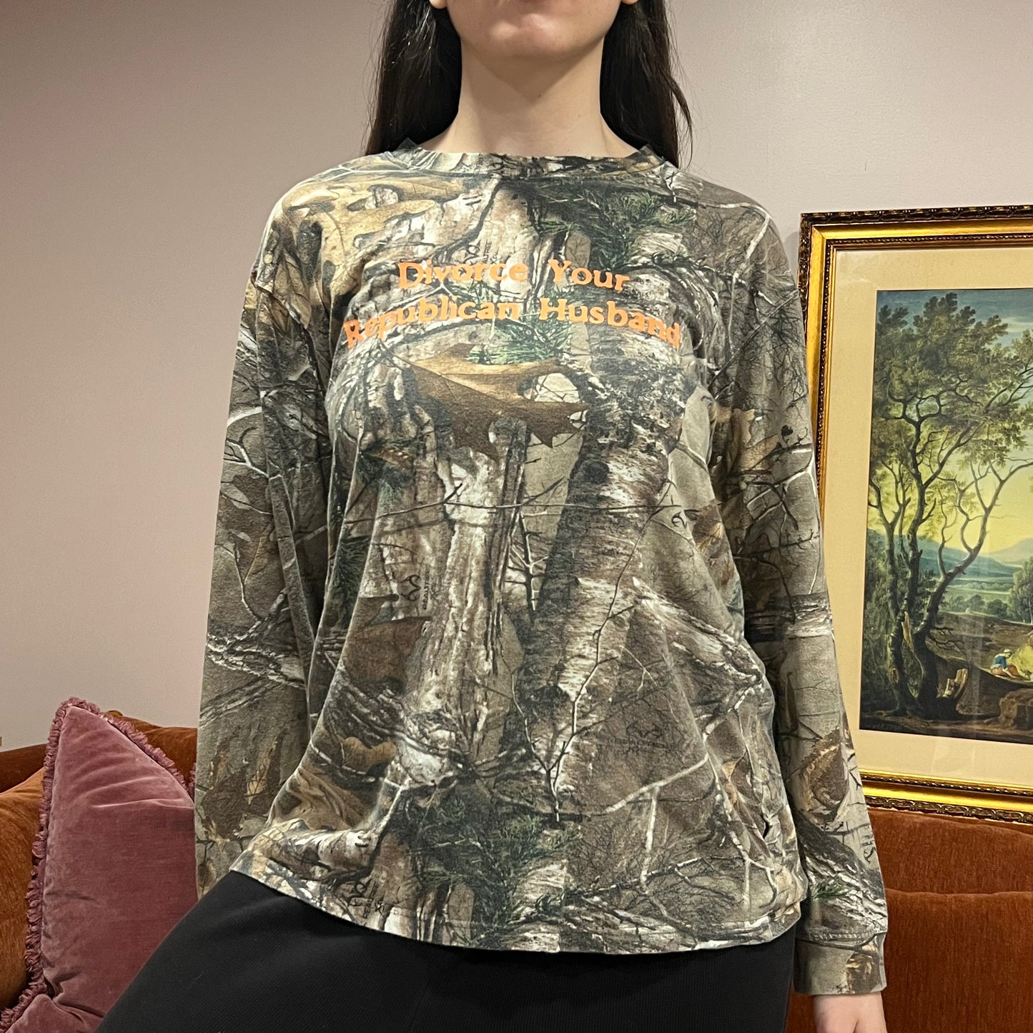 DIVORCE YOUR REPUBLICAN HUSBAND camo long sleeve t-shirt with orange text (L)