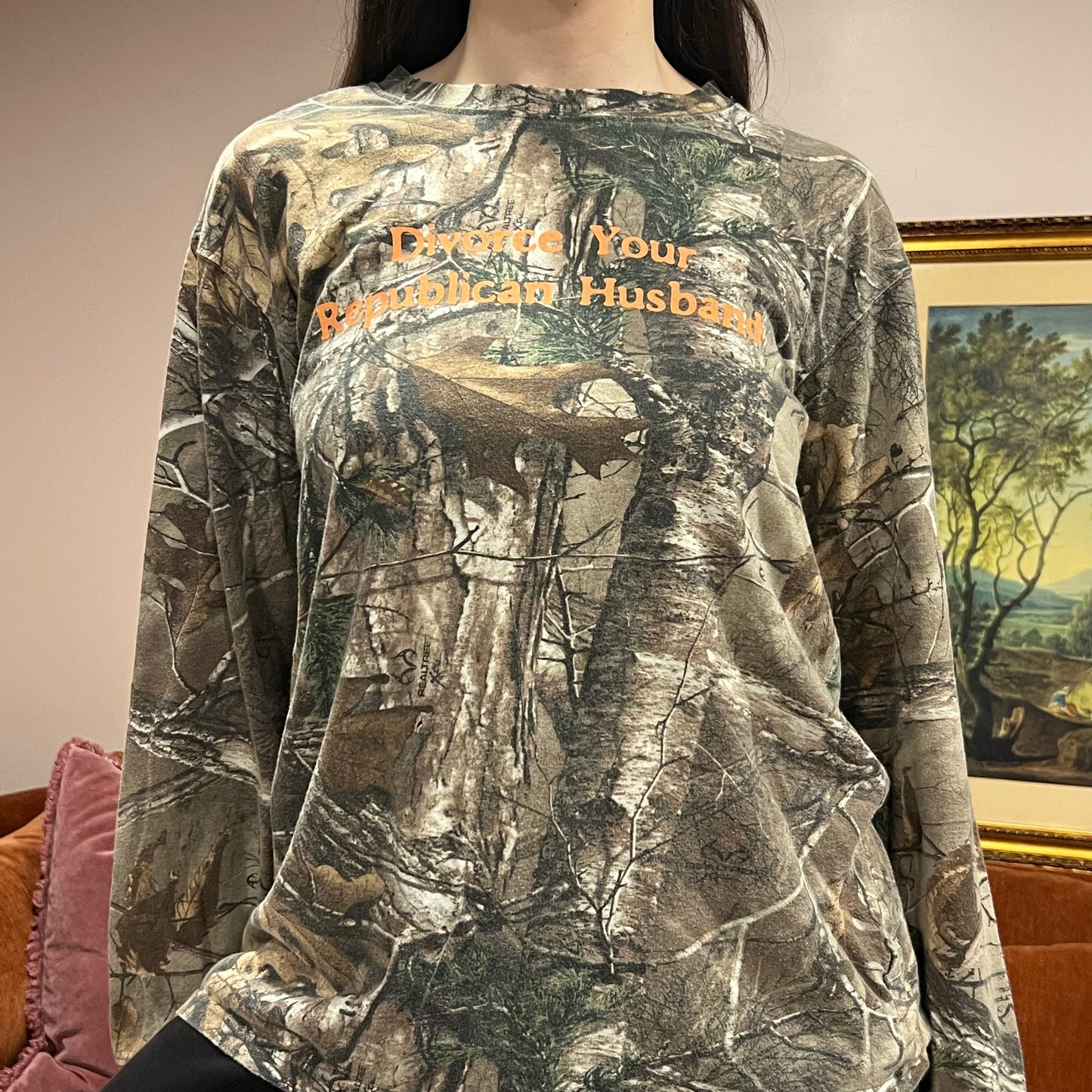 DIVORCE YOUR REPUBLICAN HUSBAND camo long sleeve t-shirt with orange text (L)