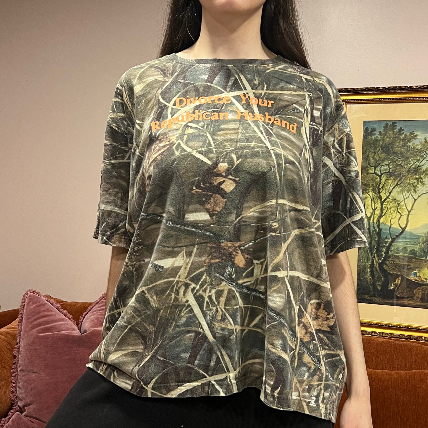 DIVORCE YOUR REPUBLICAN HUSBAND camo t-shirt with orange text (2XL)
