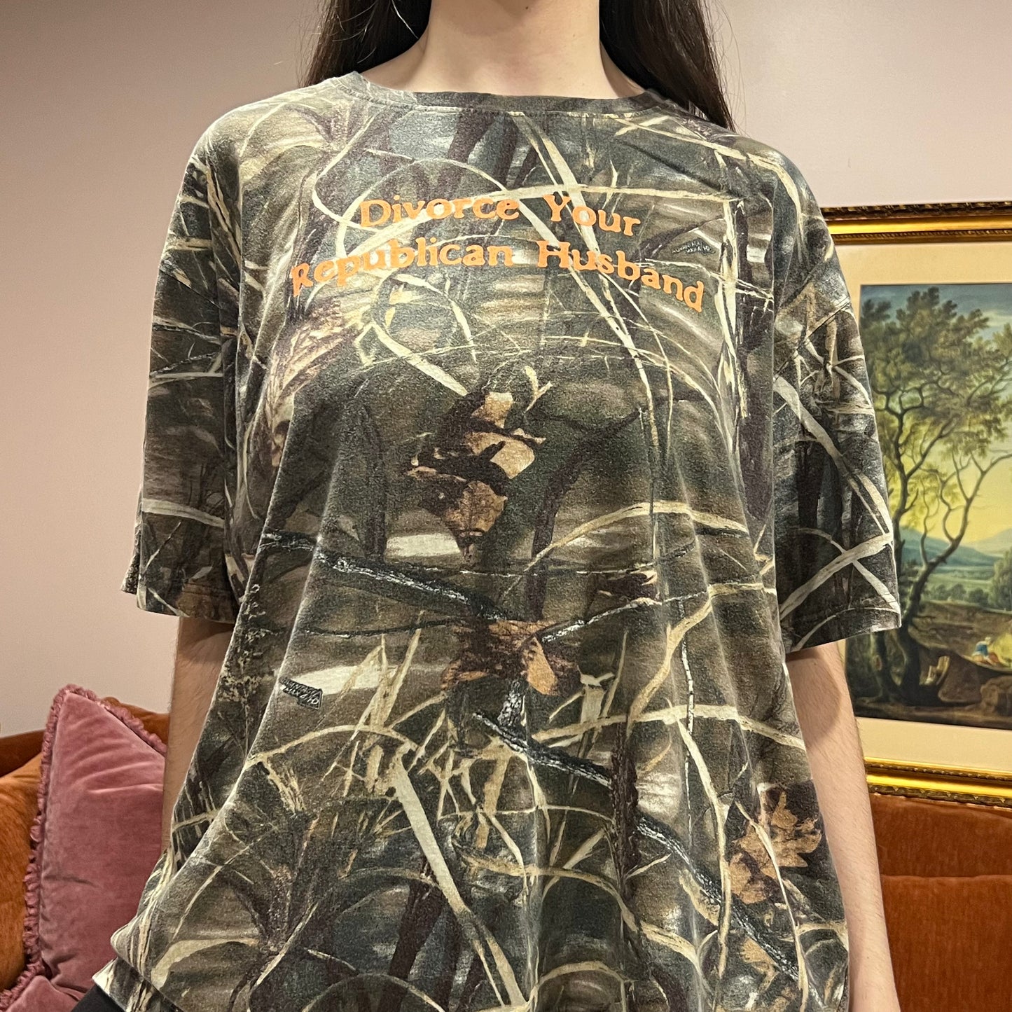DIVORCE YOUR REPUBLICAN HUSBAND camo t-shirt with orange text (2XL)