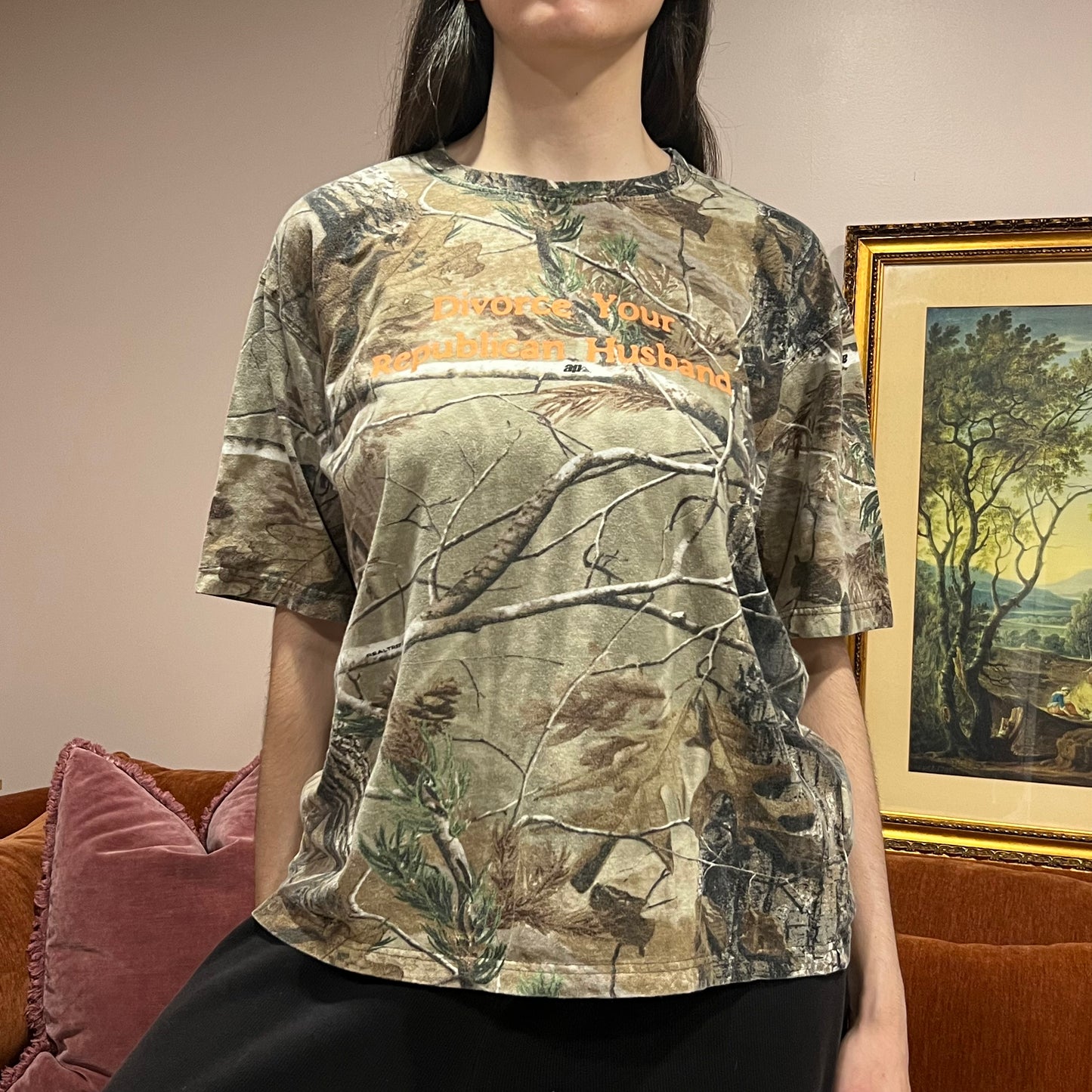 DIVORCE YOUR REPUBLICAN HUSBAND camo t-shirt with orange text (M)