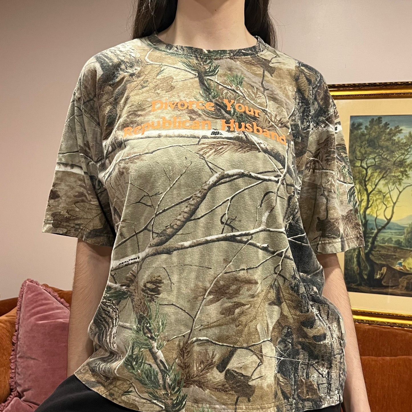 DIVORCE YOUR REPUBLICAN HUSBAND camo t-shirt with orange text (M)