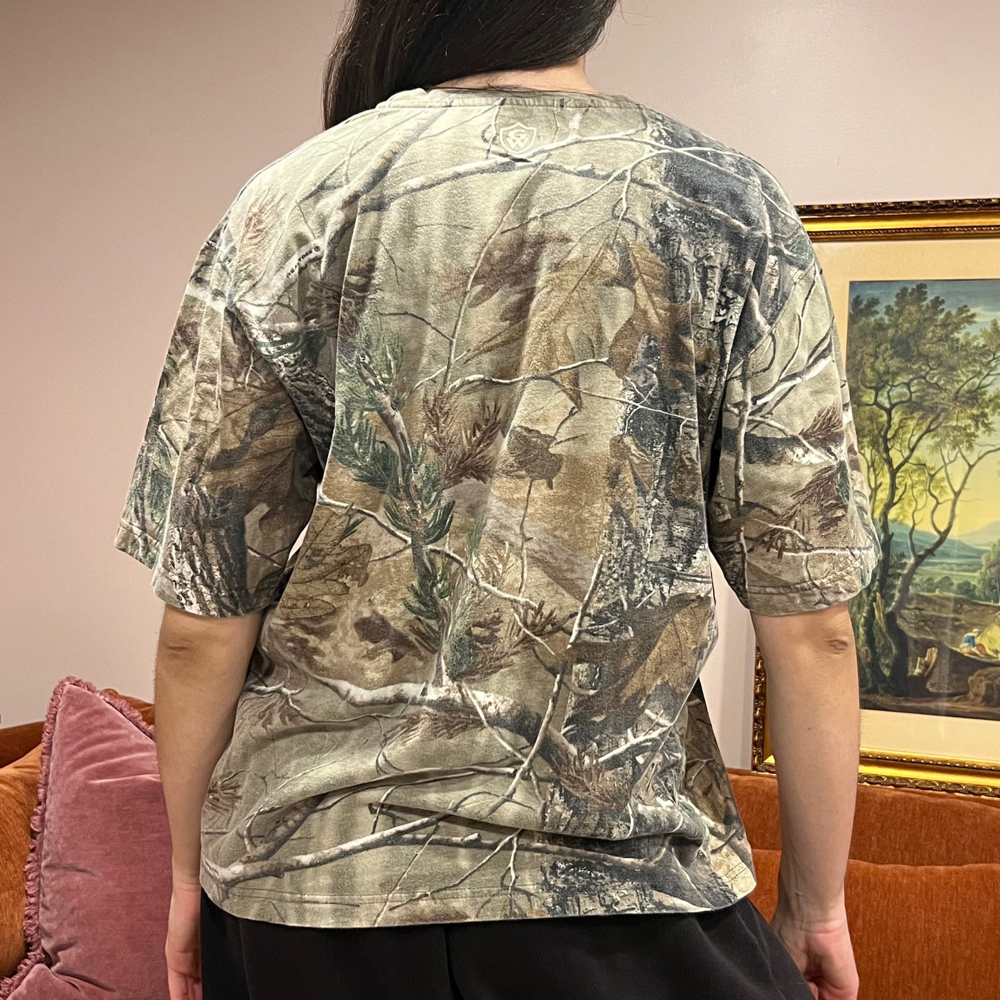 DIVORCE YOUR REPUBLICAN HUSBAND camo t-shirt with orange text (M)