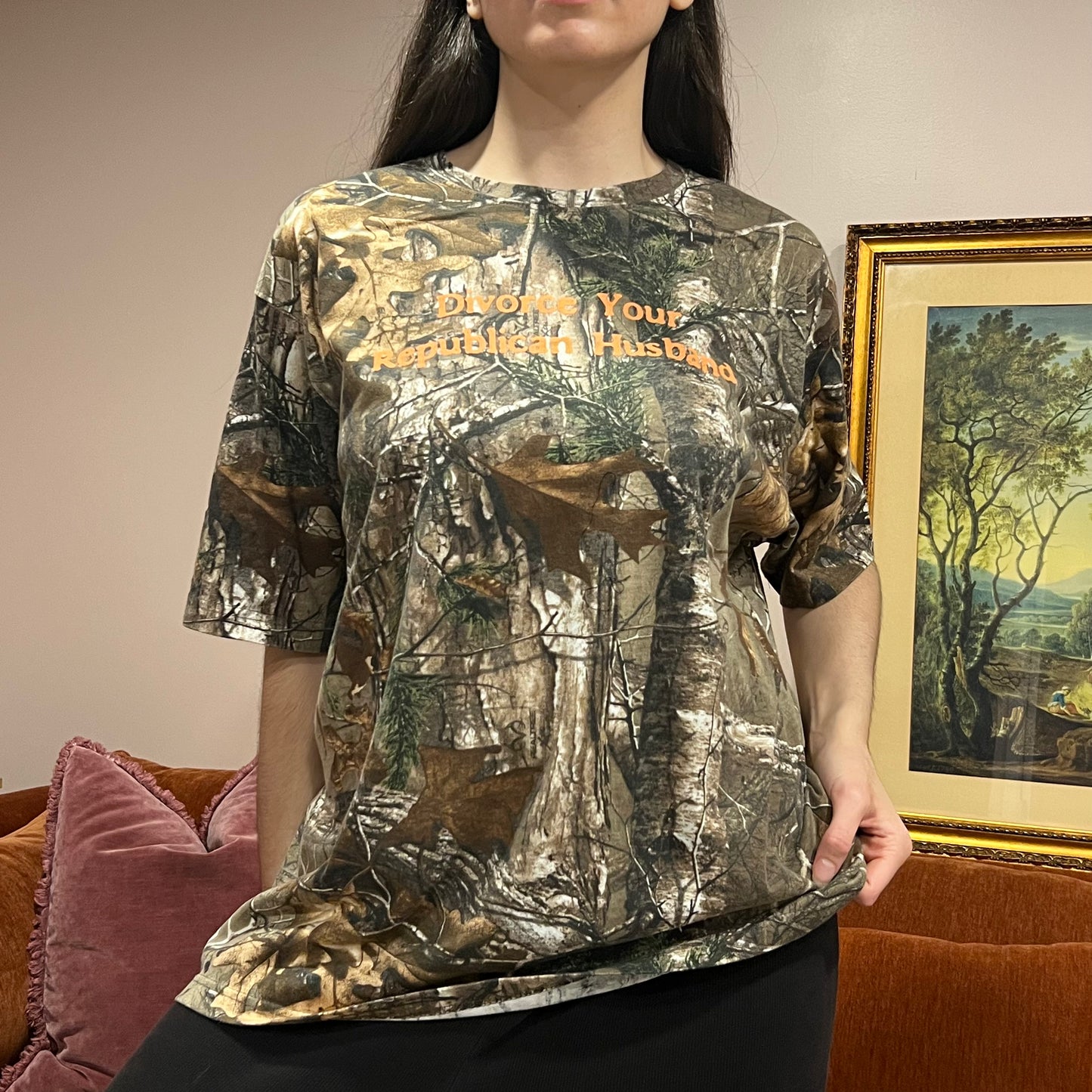 DIVORCE YOUR REPUBLICAN HUSBAND camo t-shirt with orange text (XL)