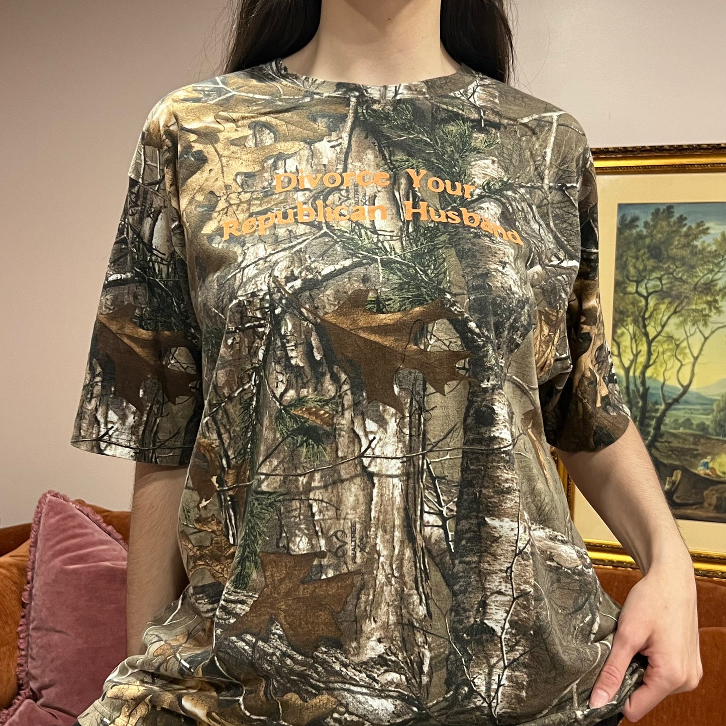 DIVORCE YOUR REPUBLICAN HUSBAND camo t-shirt with orange text (XL)