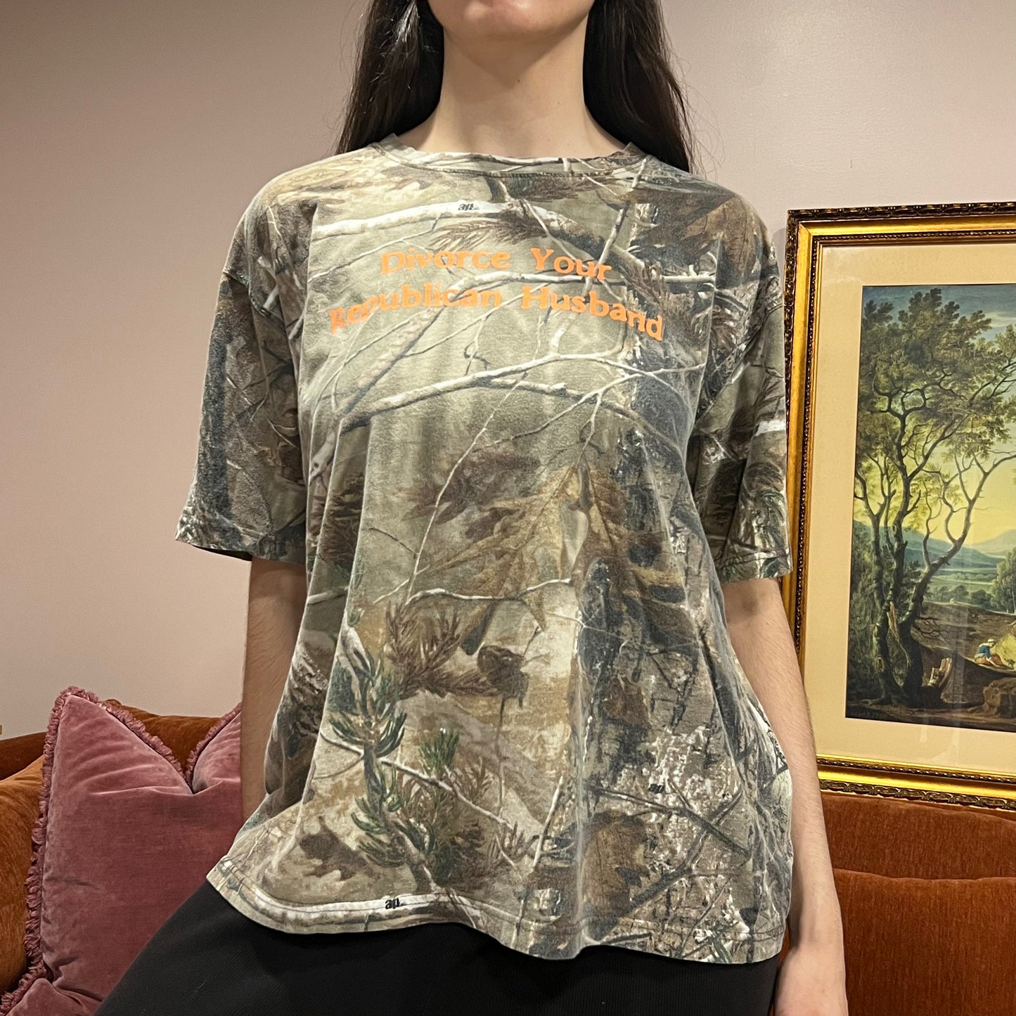 DIVORCE YOUR REPUBLICAN HUSBAND camo t-shirt with orange text (XL)