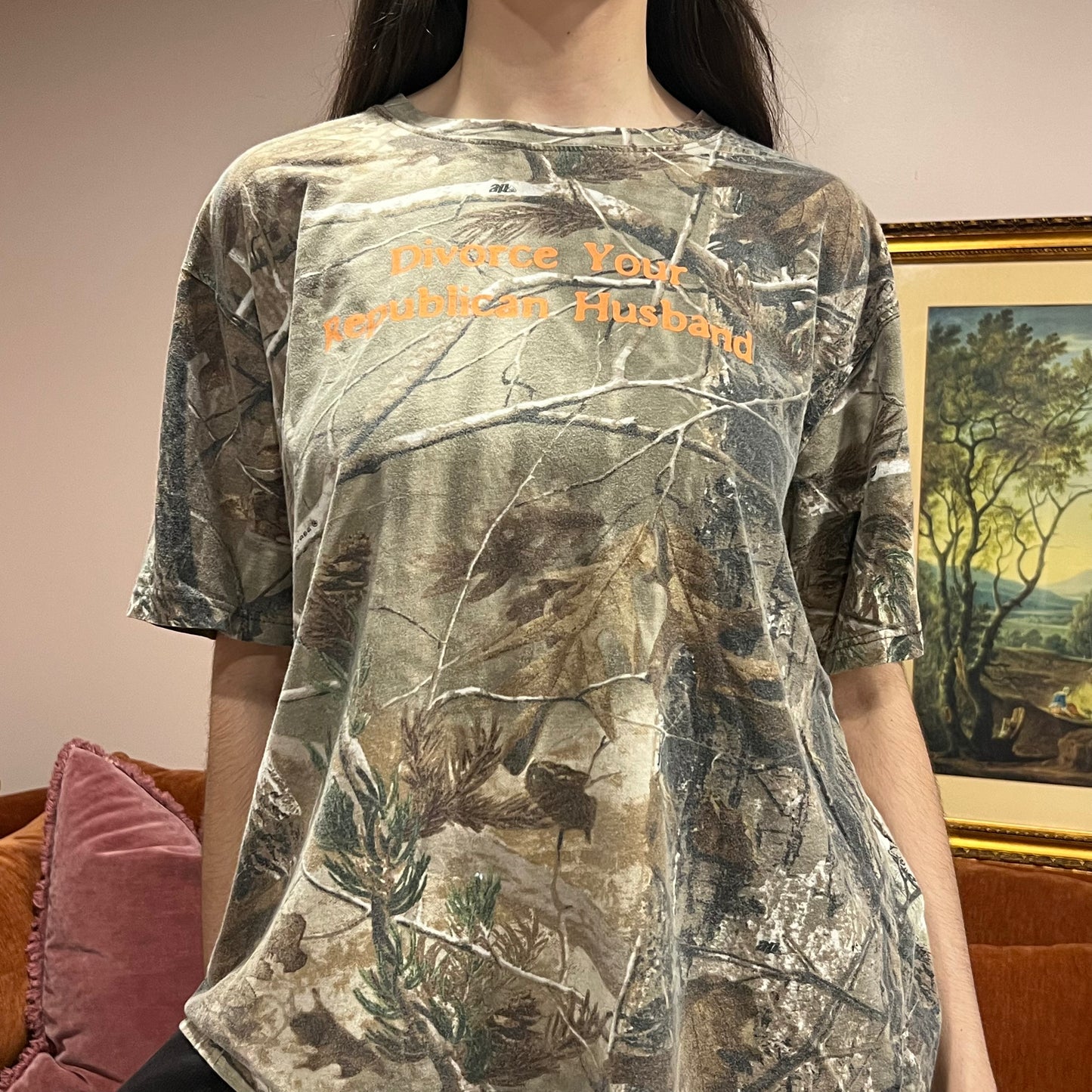 DIVORCE YOUR REPUBLICAN HUSBAND camo t-shirt with orange text (XL)