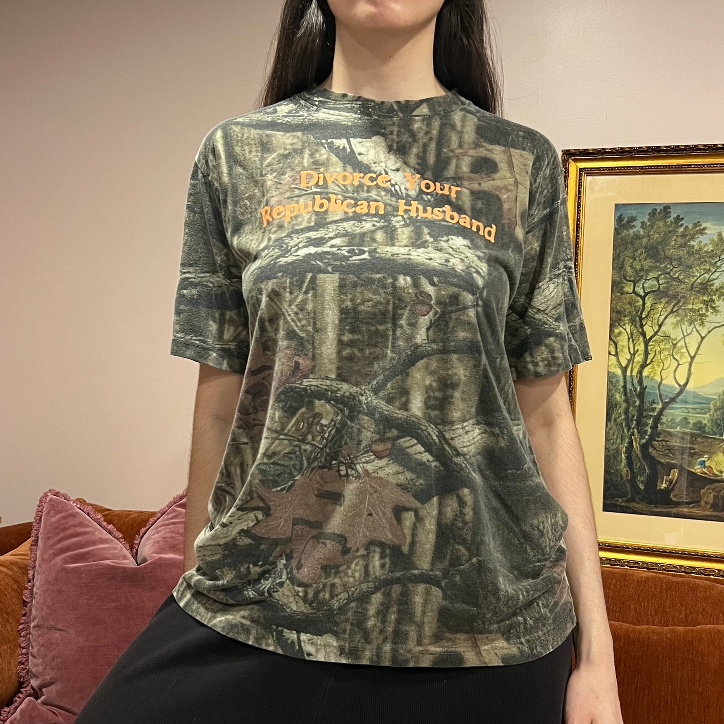 DIVORCE YOUR REPUBLICAN HUSBAND camo t-shirt with orange text (L)