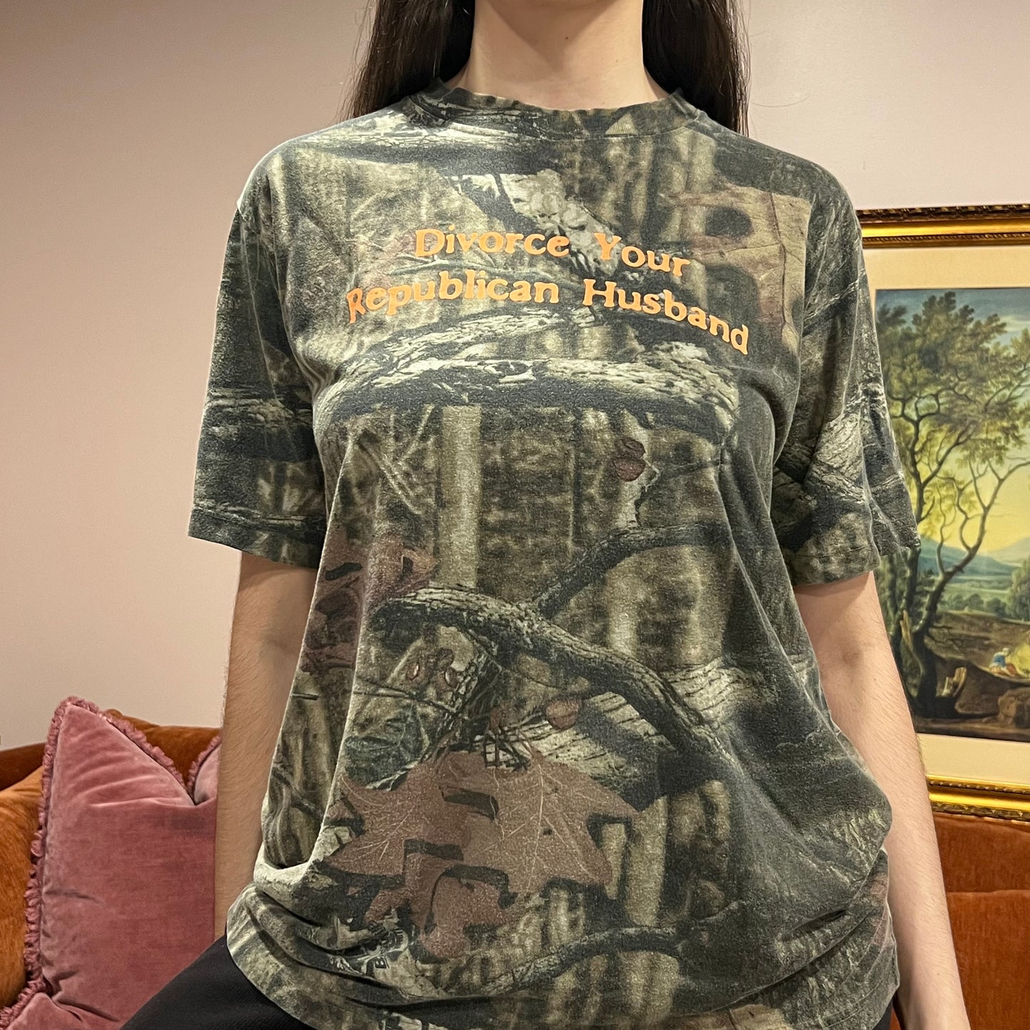 DIVORCE YOUR REPUBLICAN HUSBAND camo t-shirt with orange text (L)