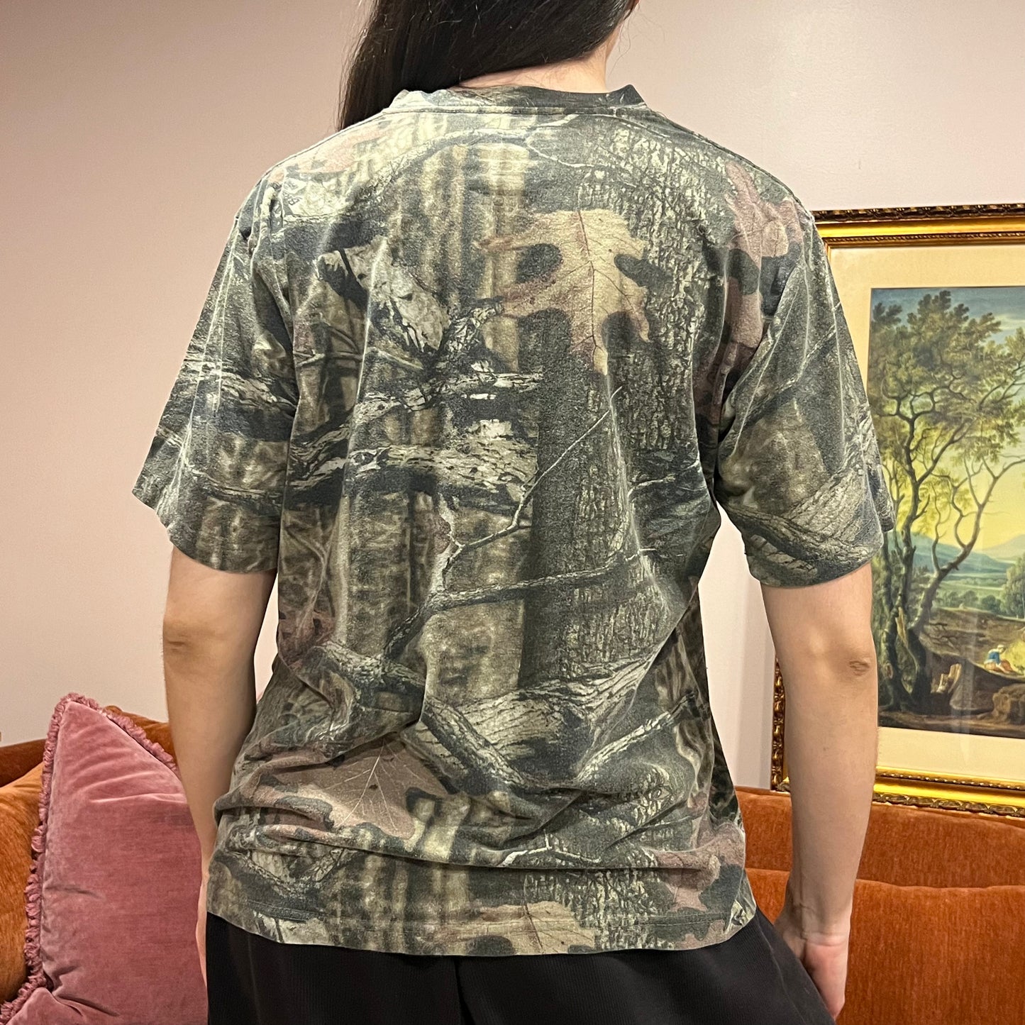 DIVORCE YOUR REPUBLICAN HUSBAND camo t-shirt with orange text (L)