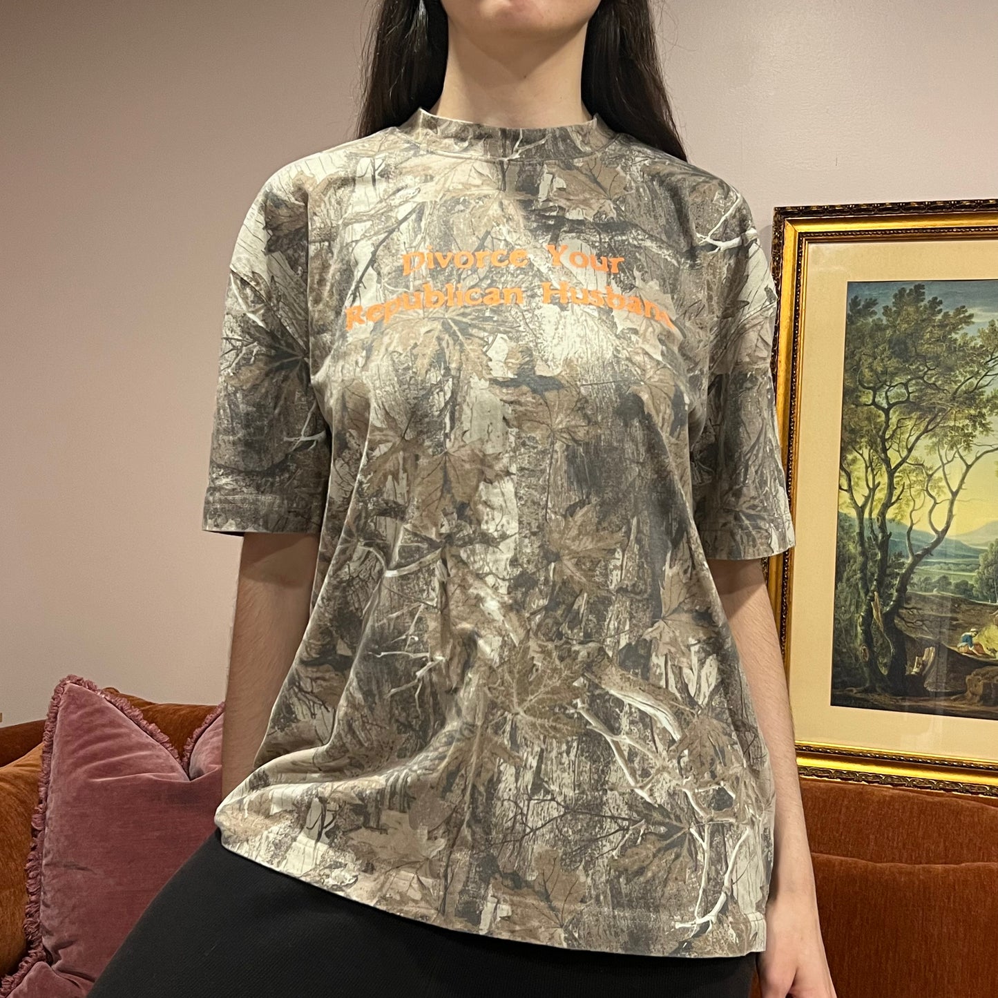 DIVORCE YOUR REPUBLICAN HUSBAND camo t-shirt with orange text (L)