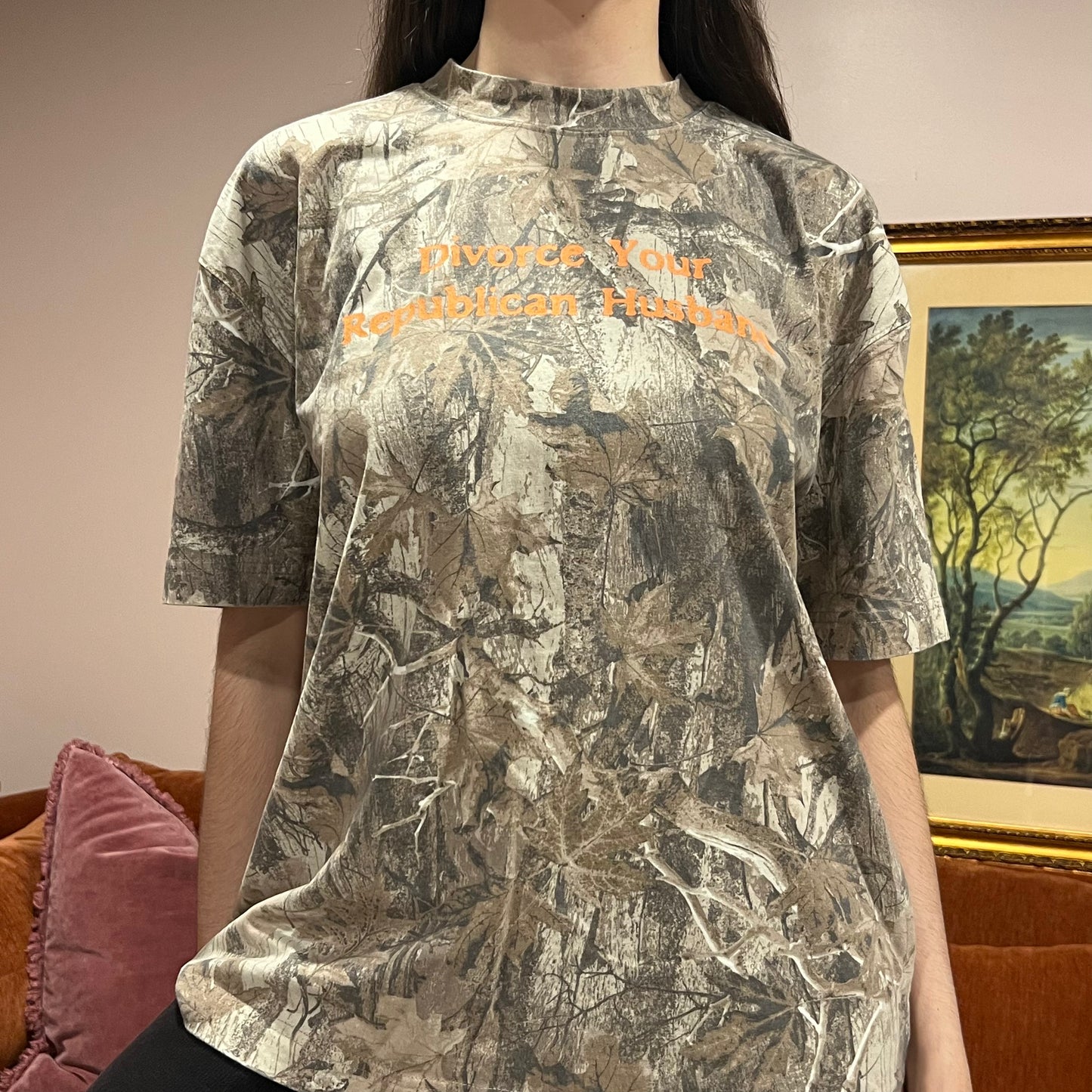 DIVORCE YOUR REPUBLICAN HUSBAND camo t-shirt with orange text (L)