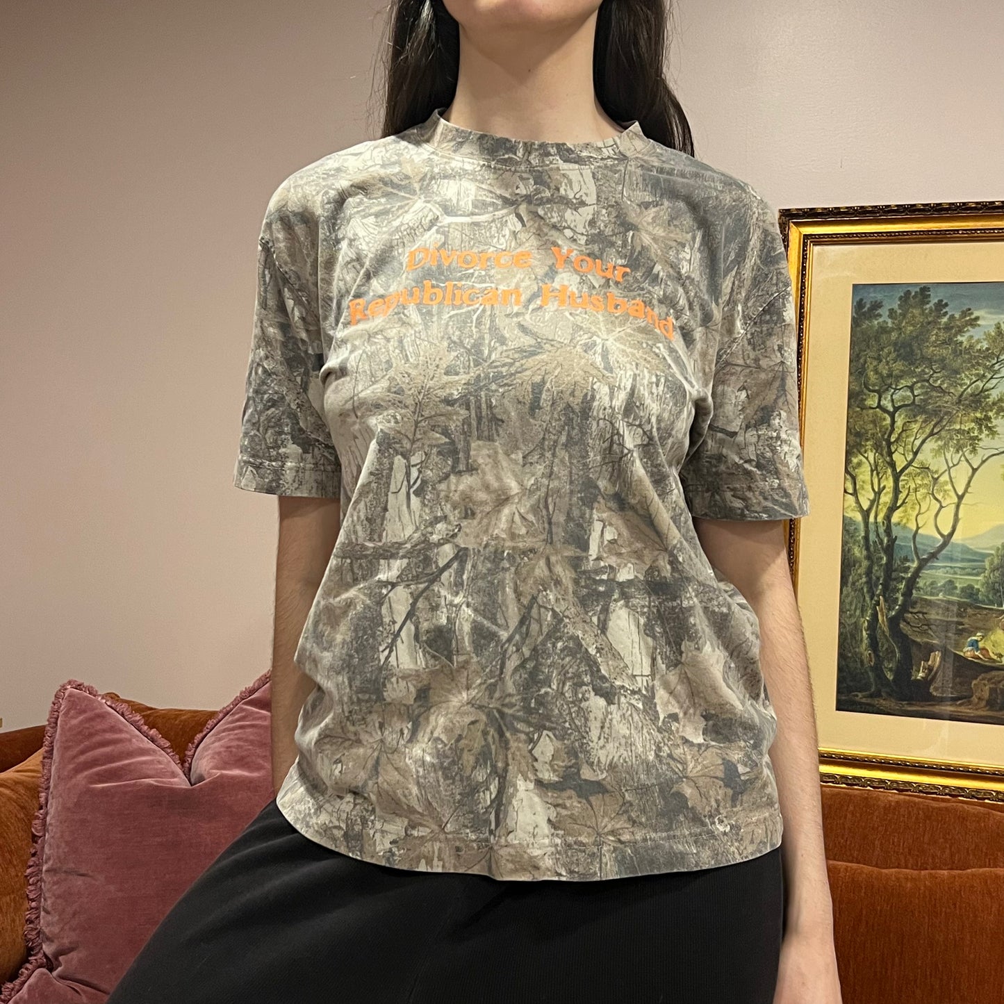 DIVORCE YOUR REPUBLICAN HUSBAND camo t-shirt with orange text (S)
