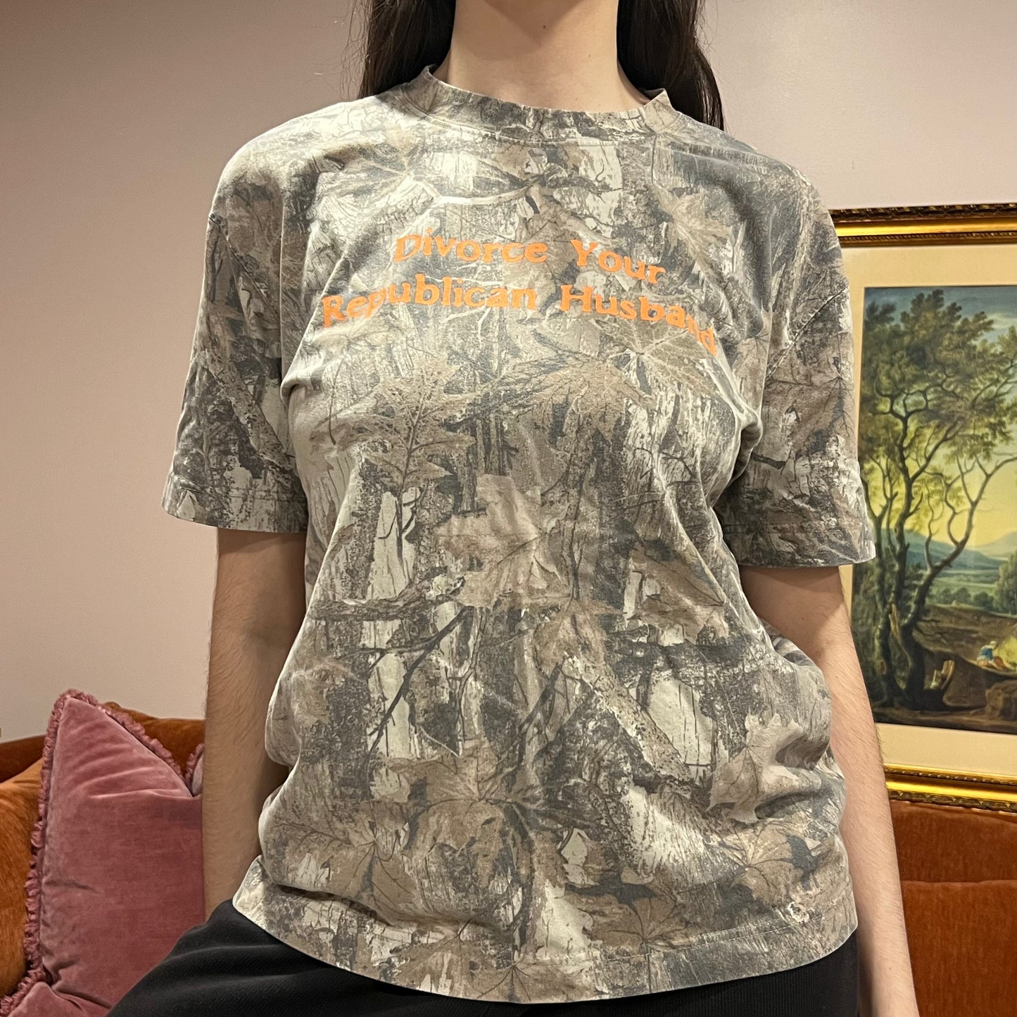 DIVORCE YOUR REPUBLICAN HUSBAND camo t-shirt with orange text (S)