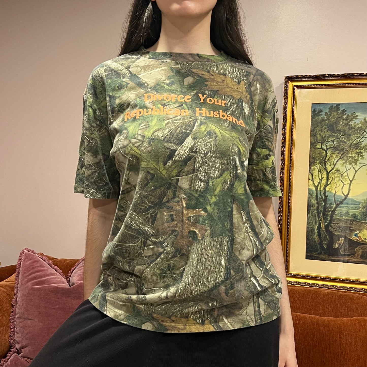 DIVORCE YOUR REPUBLICAN HUSBAND camo t-shirt with orange text (M)